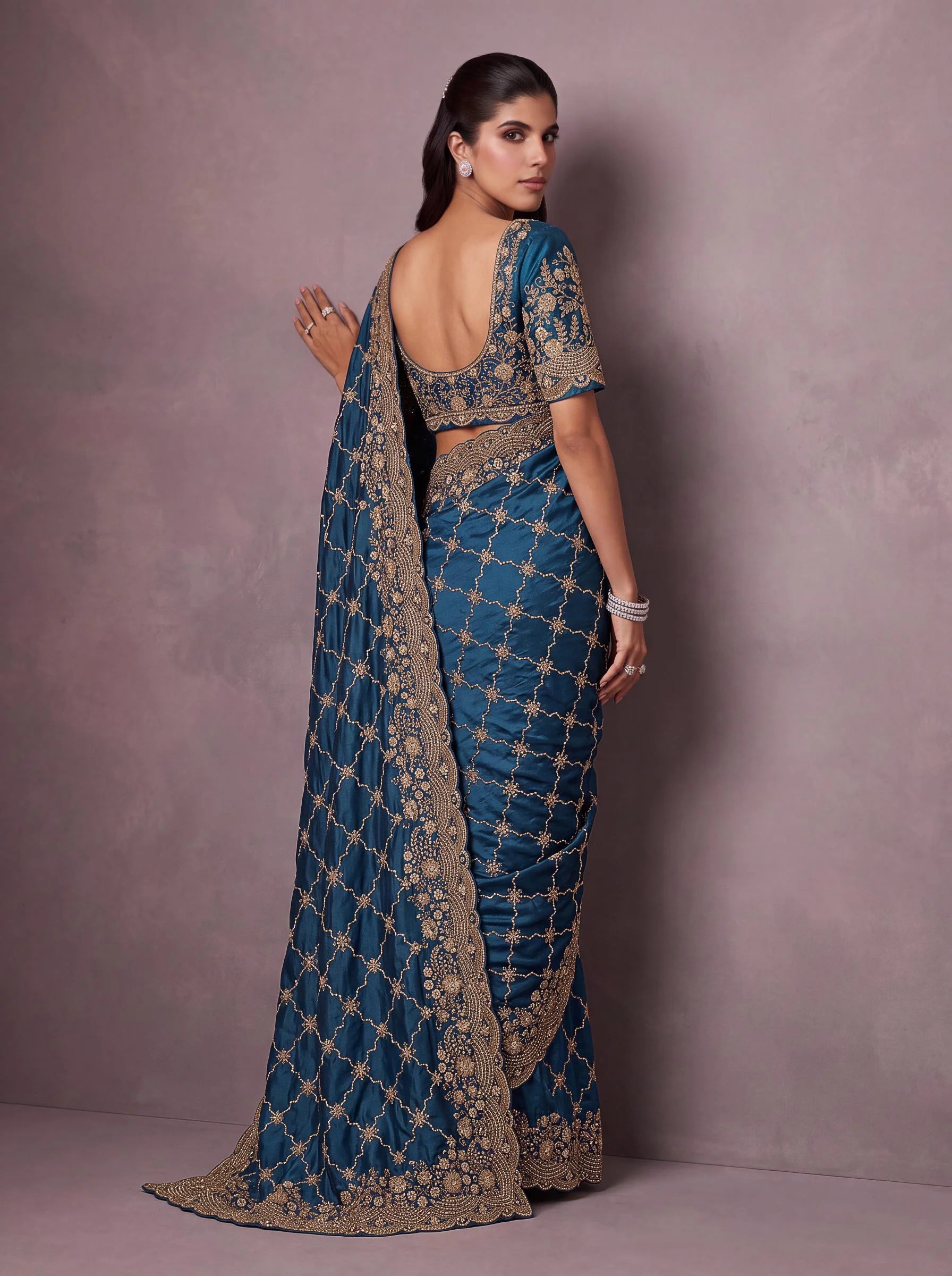 Satin Silk Wedding Wear Blue With Dori Embroidery Work