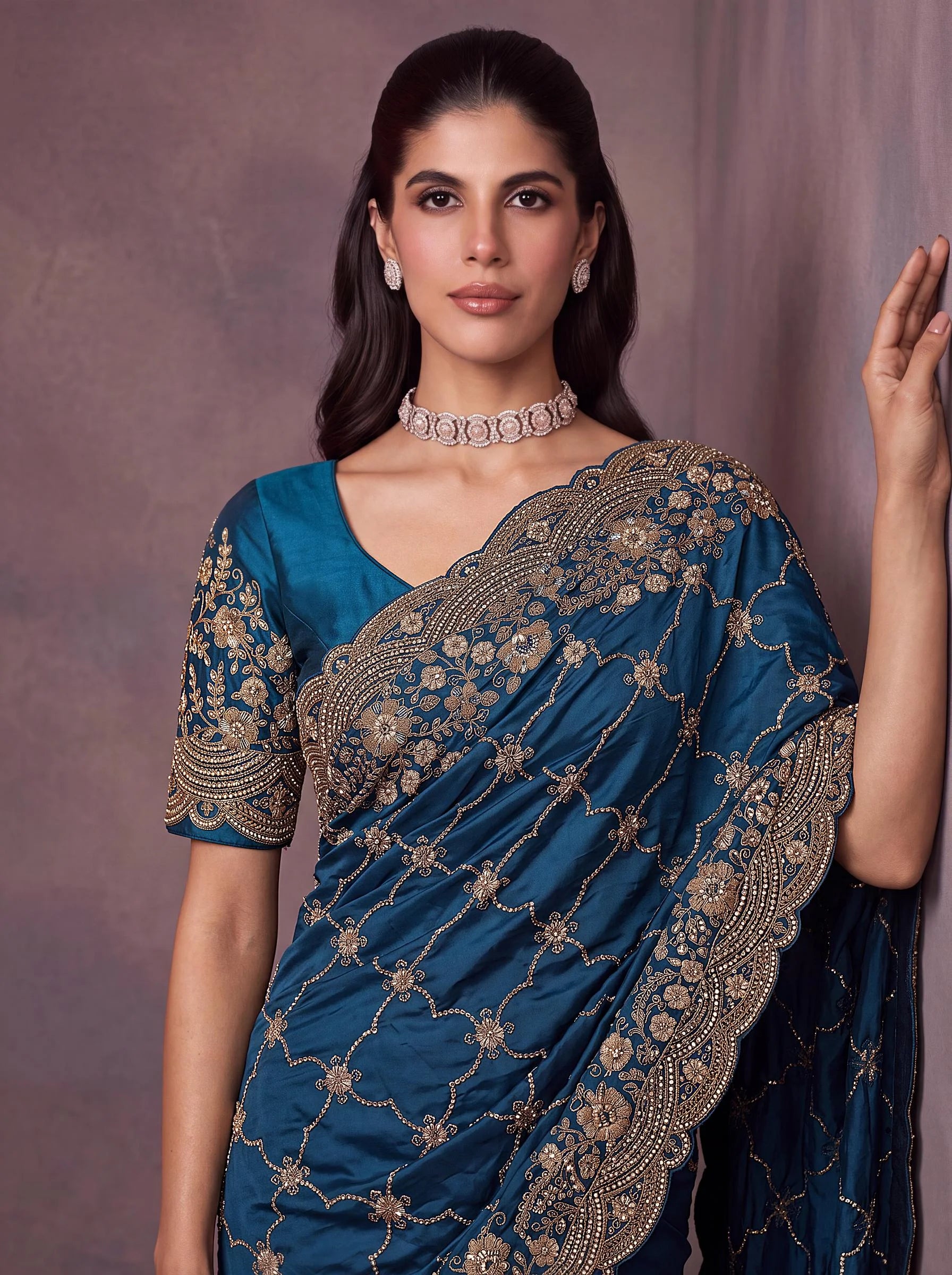 Satin Silk Wedding Wear Blue With Dori Embroidery Work