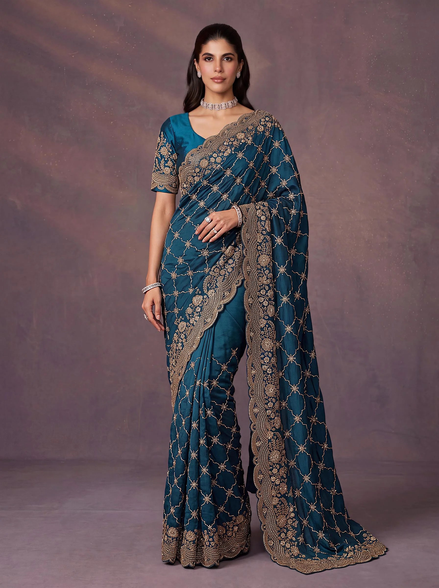 Satin Silk Wedding Wear Blue With Dori Embroidery Work