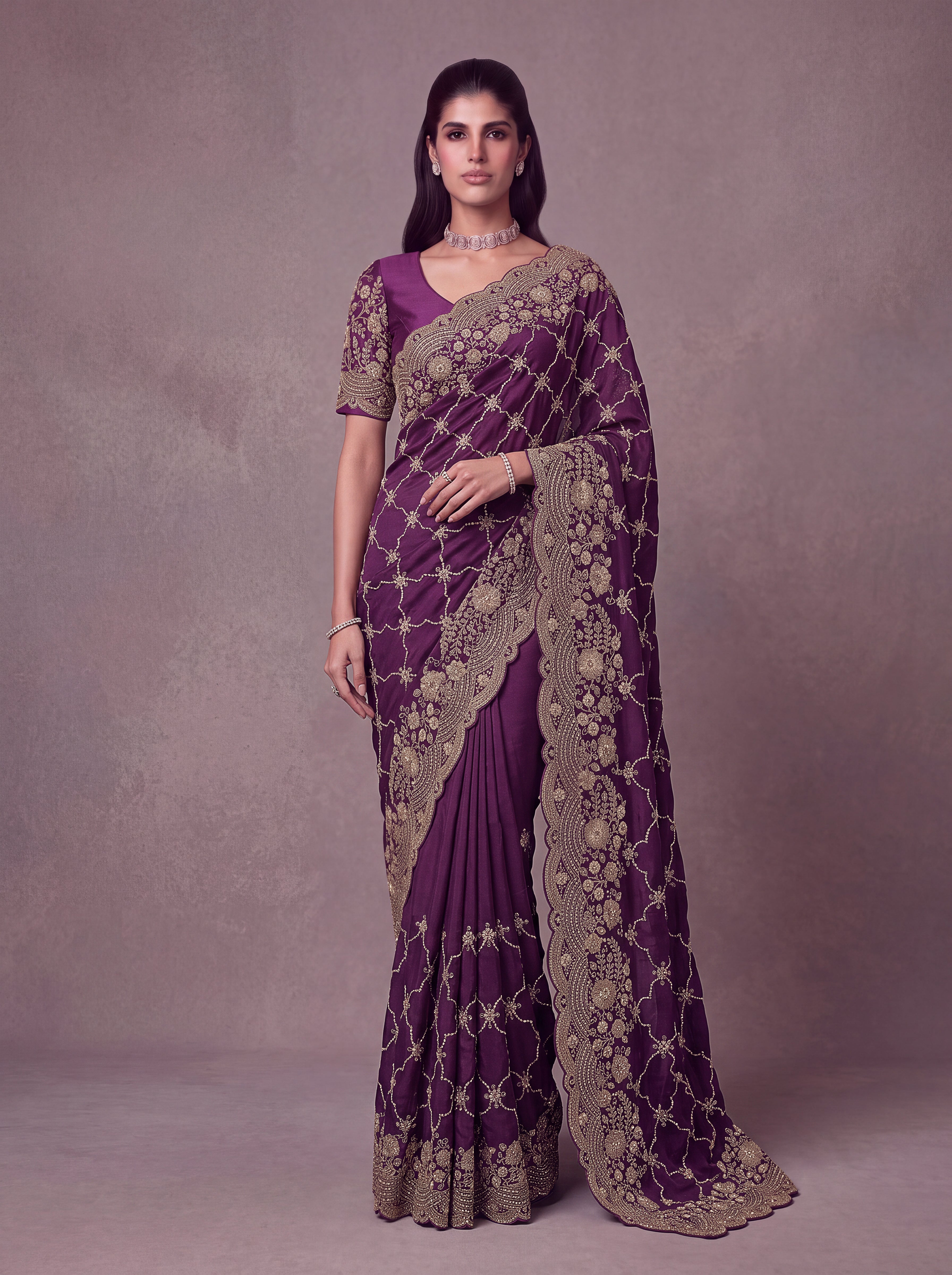 Satin Silk Wedding Wear Purple With Dori Embroidery Work