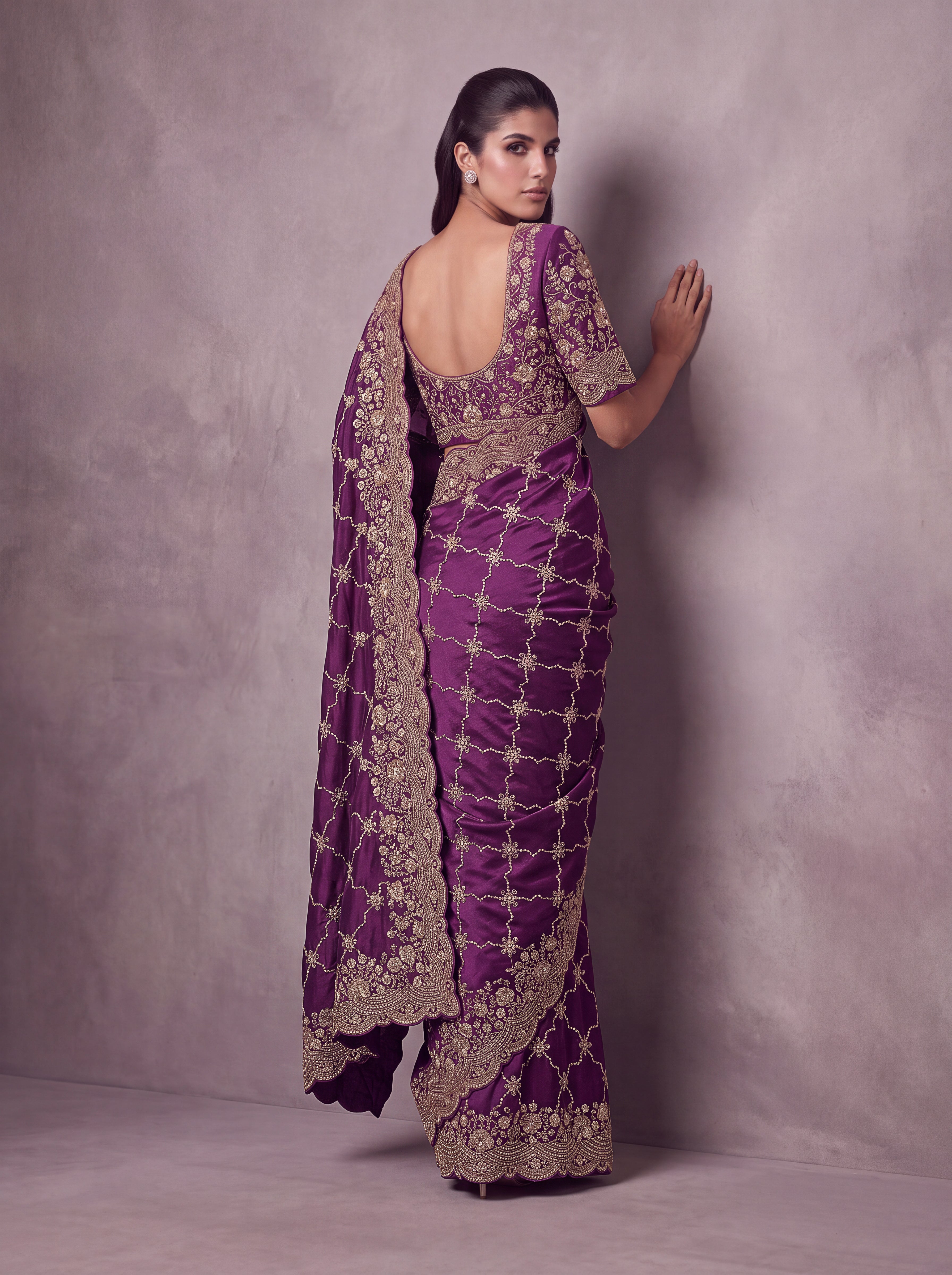 Satin Silk Wedding Wear Purple With Dori Embroidery Work