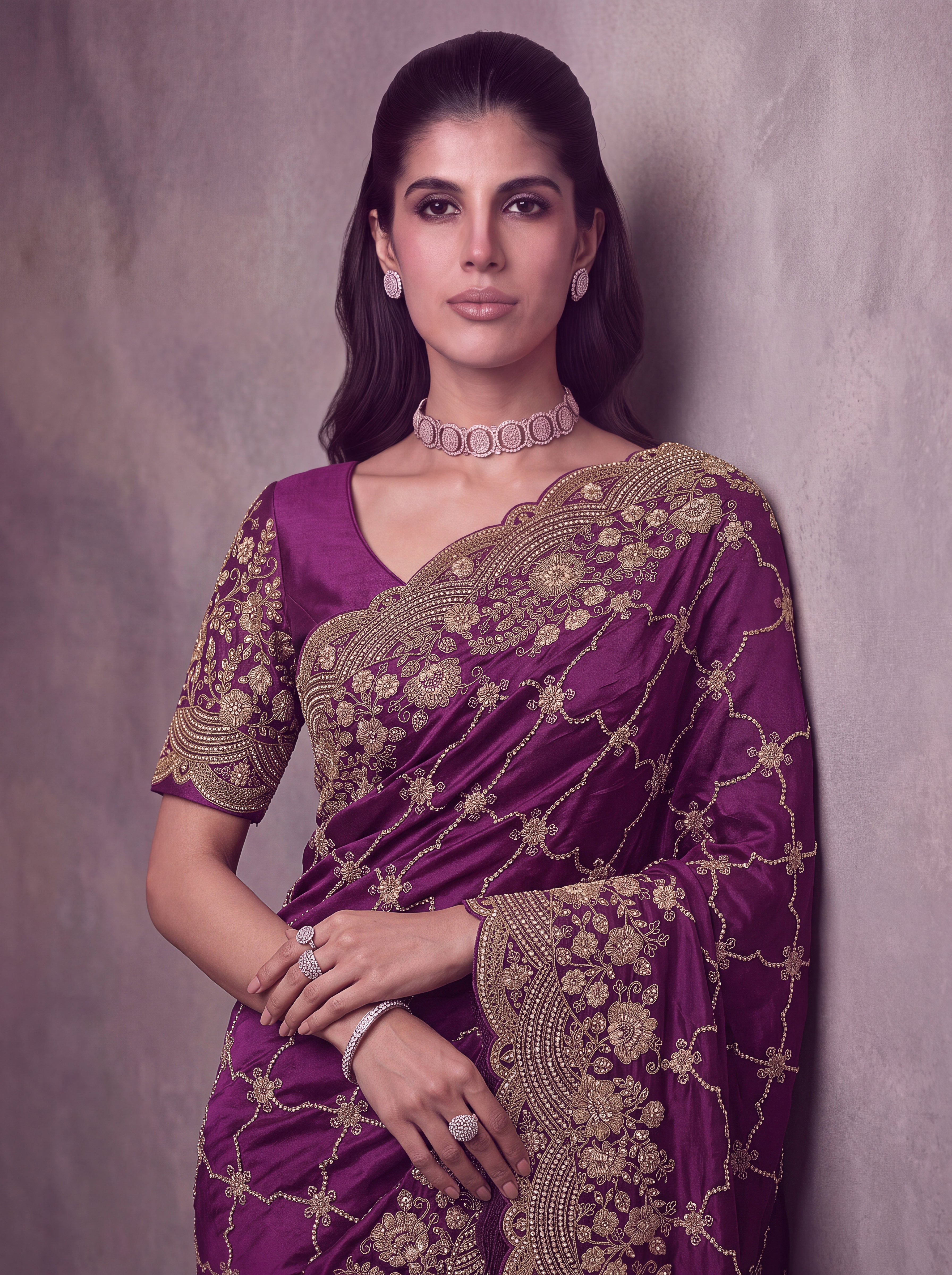 Satin Silk Wedding Wear Purple With Dori Embroidery Work