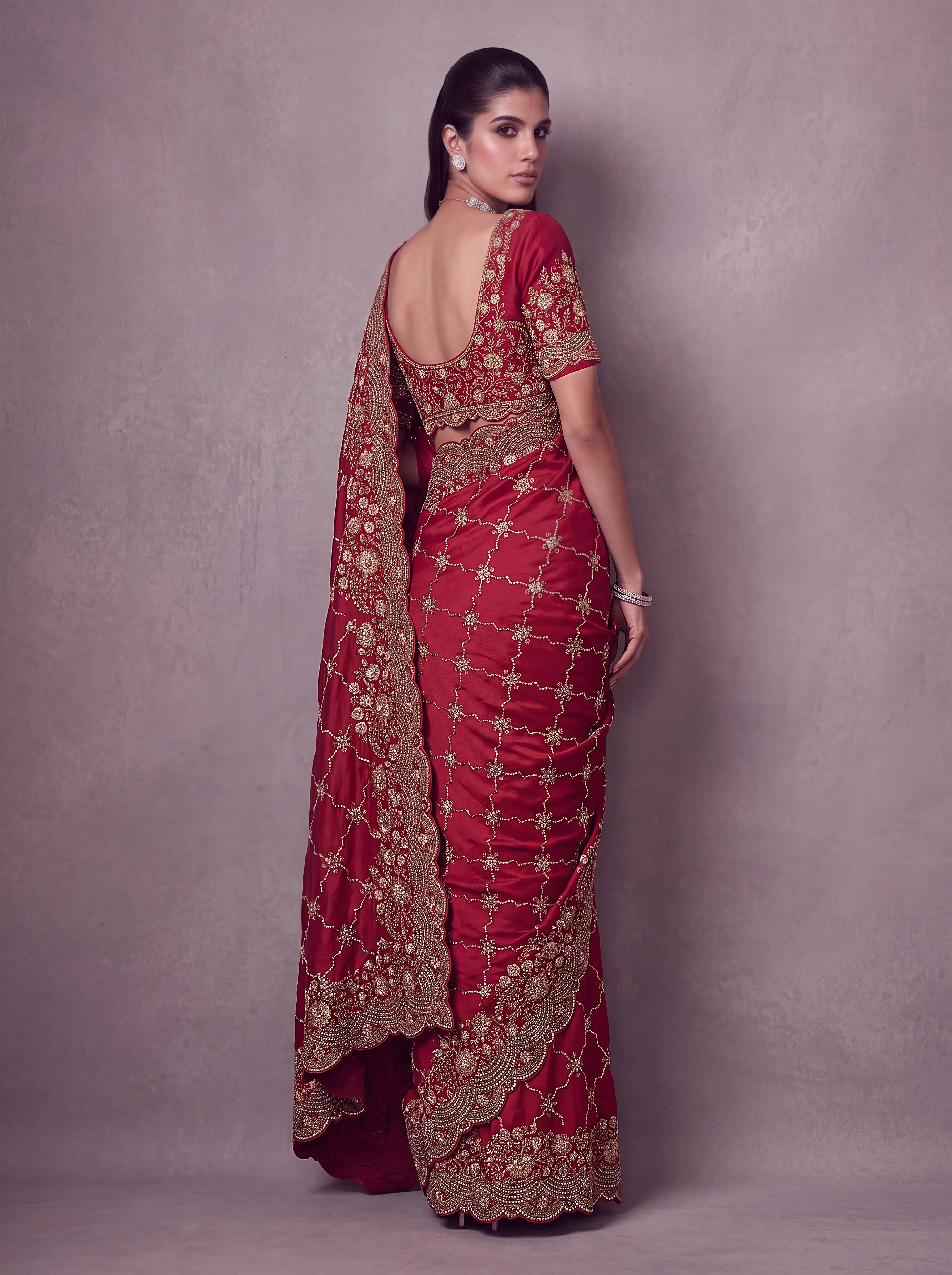 Satin Silk Wedding Wear Red With Dori Embroidery Work