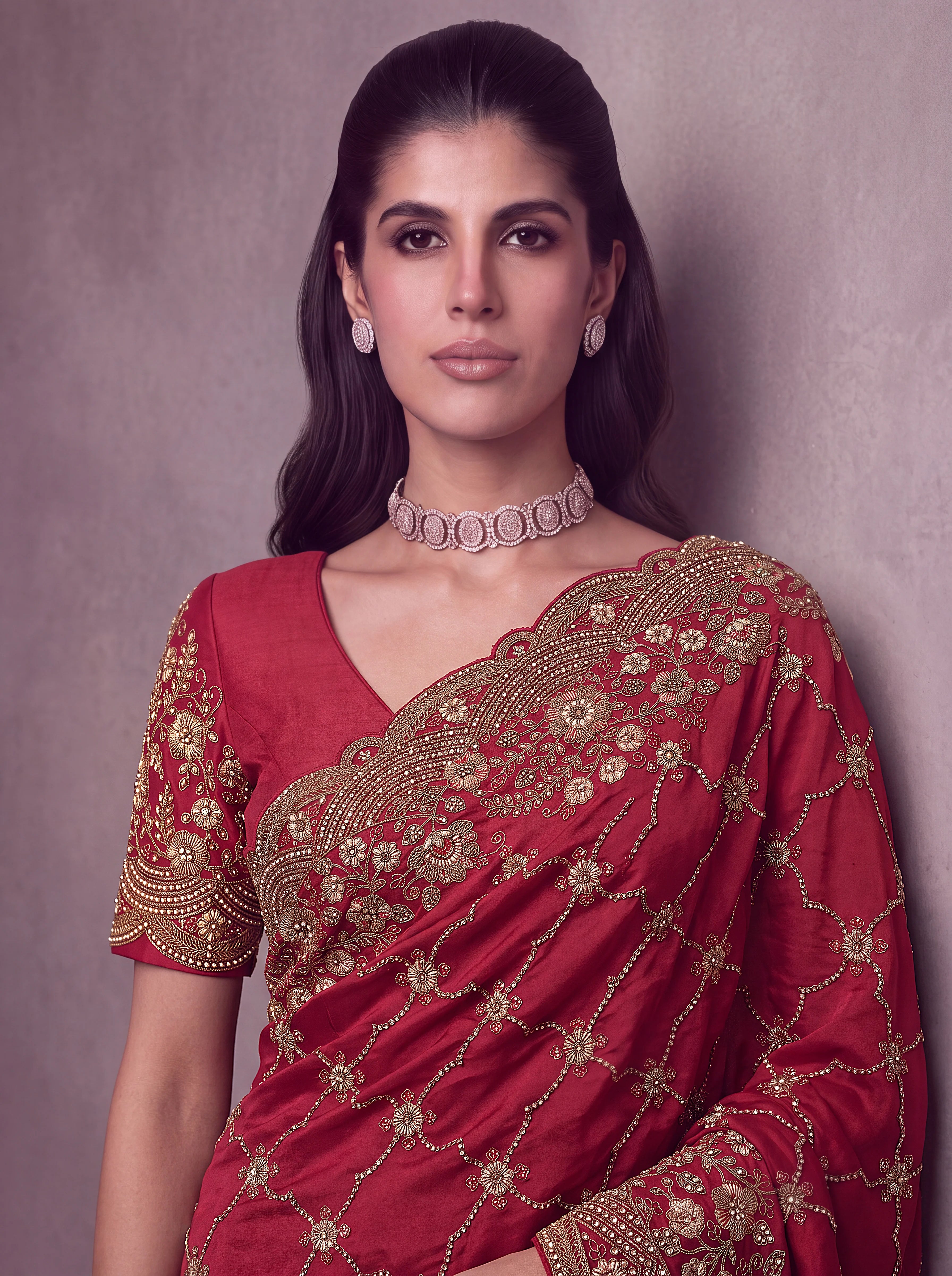 Satin Silk Wedding Wear Red With Dori Embroidery Work