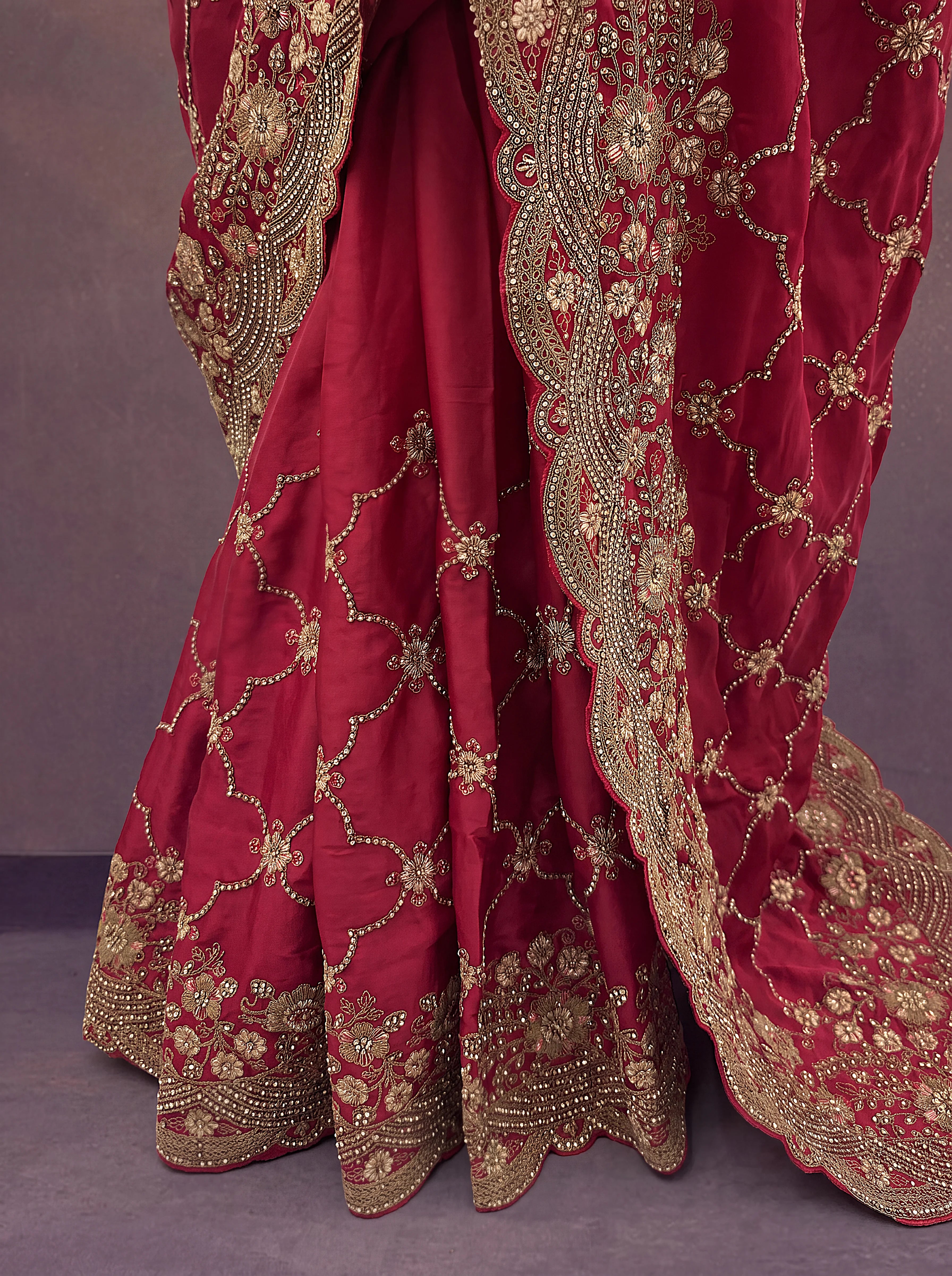 Satin Silk Wedding Wear Red With Dori Embroidery Work