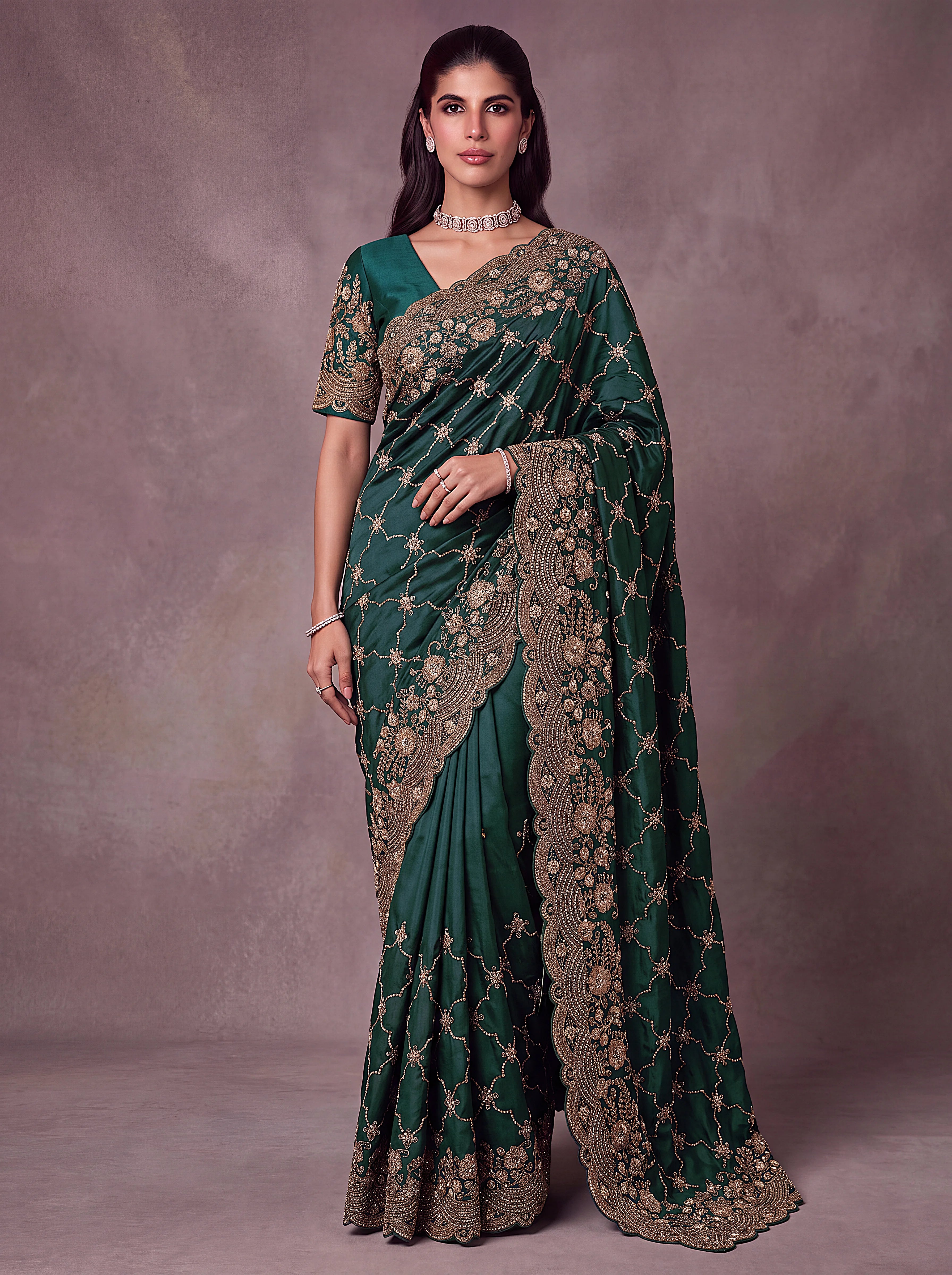 Satin Silk Wedding Wear Green With Dori Embroidery Work