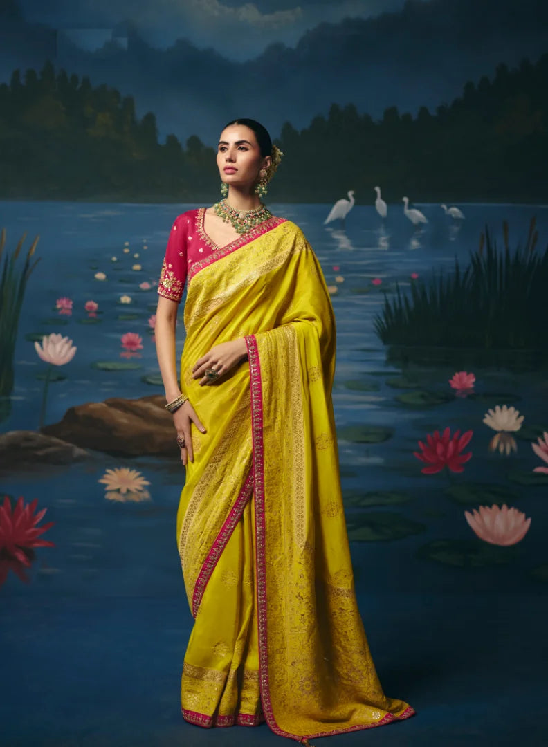 Dola Silk Yellow Party Wear Weaving Work Sarees