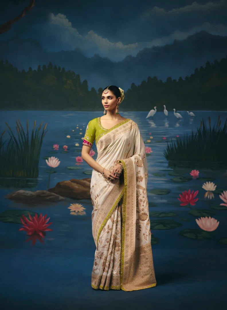 Dola Silk Cream Party Wear Weaving Work Sarees
