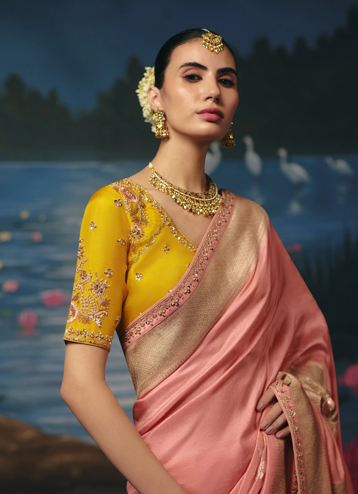 Dola Silk Peach Party Wear Weaving Work Sarees