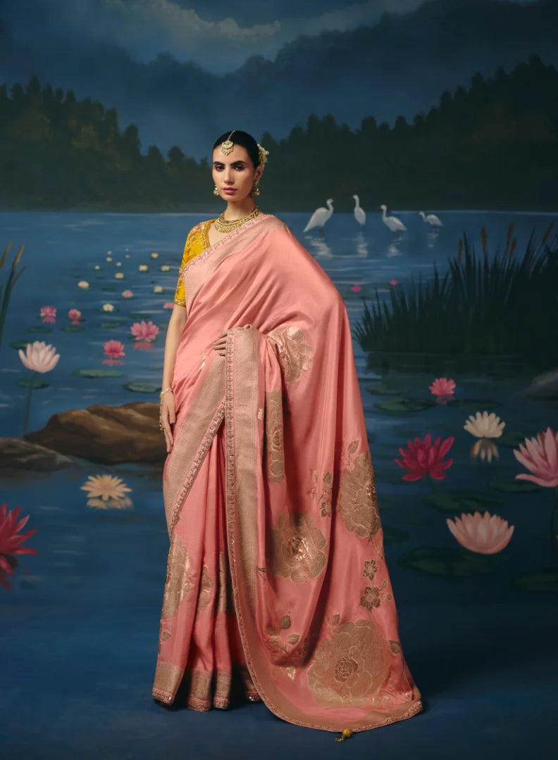 Dola Silk Peach Party Wear Weaving Work Sarees