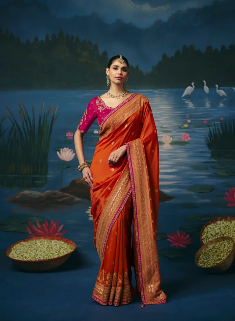 Dola Silk Orange Party Wear Weaving Work Sarees