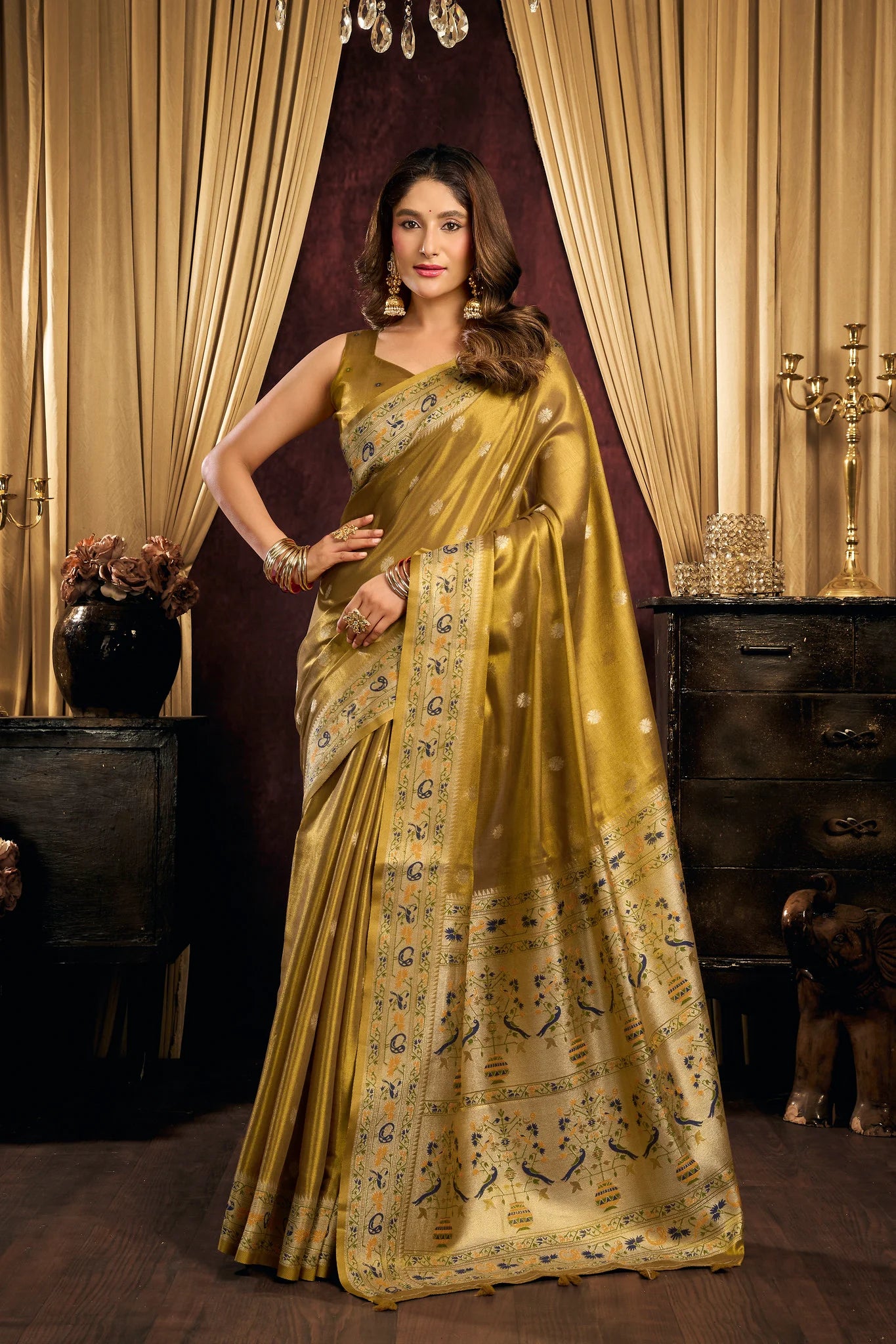 Tissue Silk Festival Wear Antique Gold Saree