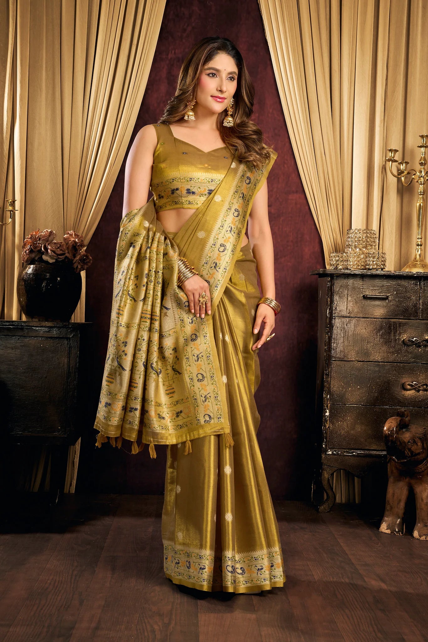 Tissue Silk Festival Wear Antique Gold Saree