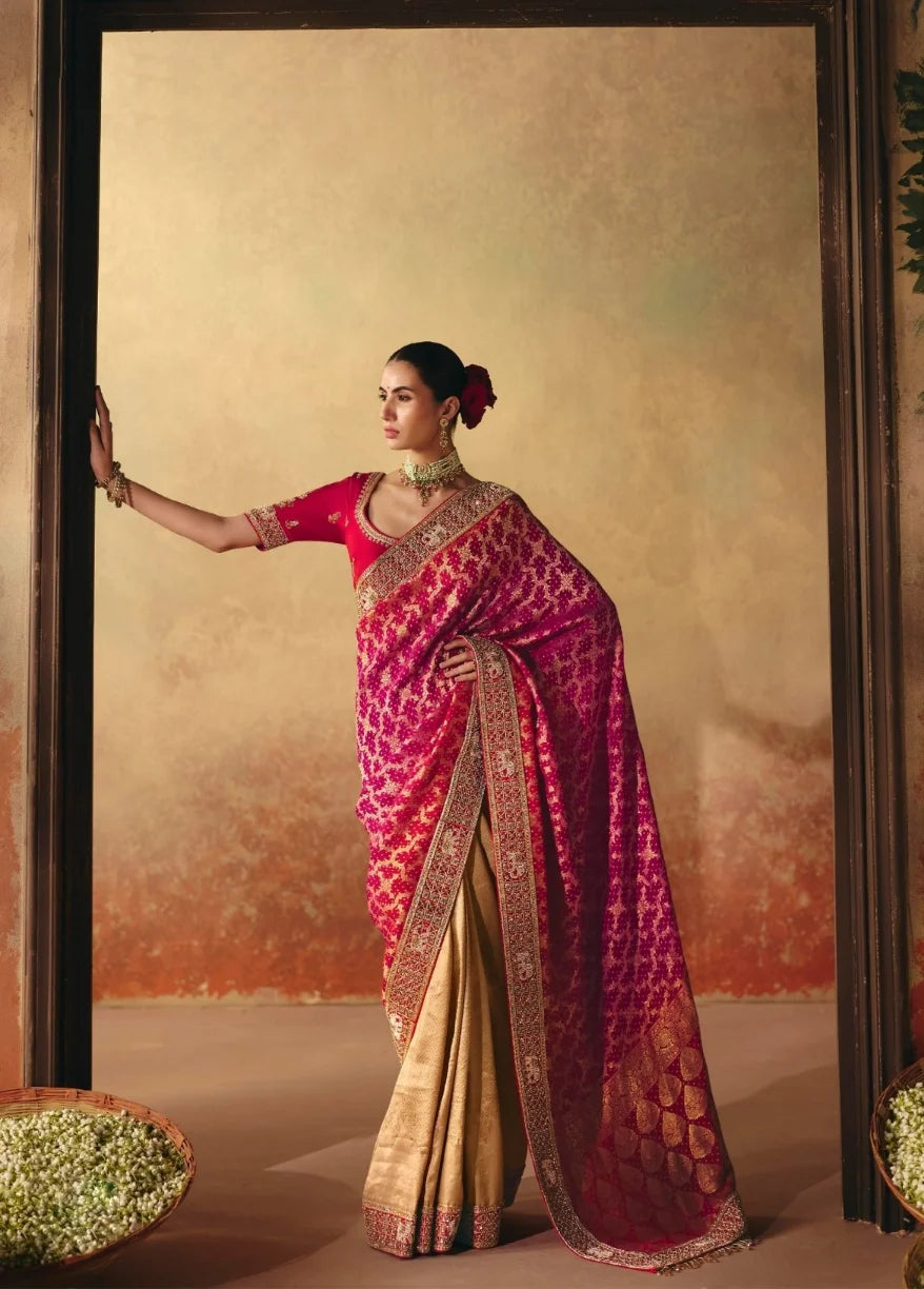 Pure Khaddi Georgette Rani Pink Bandhej Weaving Work Sarees