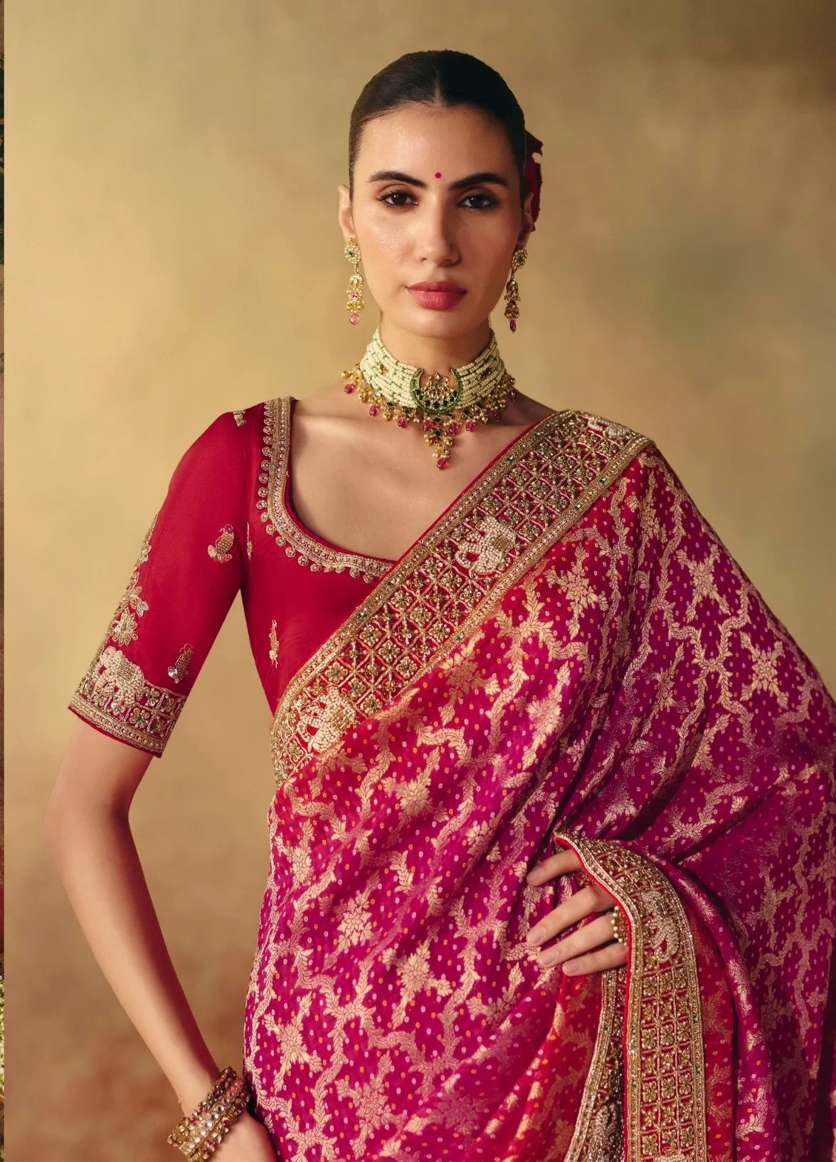Pure Khaddi Georgette Rani Pink Bandhej Weaving Work Sarees