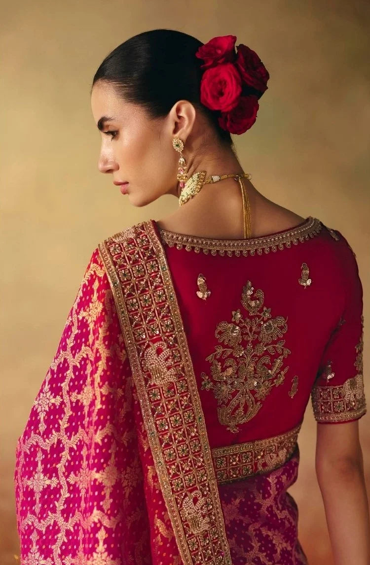 Pure Khaddi Georgette Rani Pink Bandhej Weaving Work Sarees