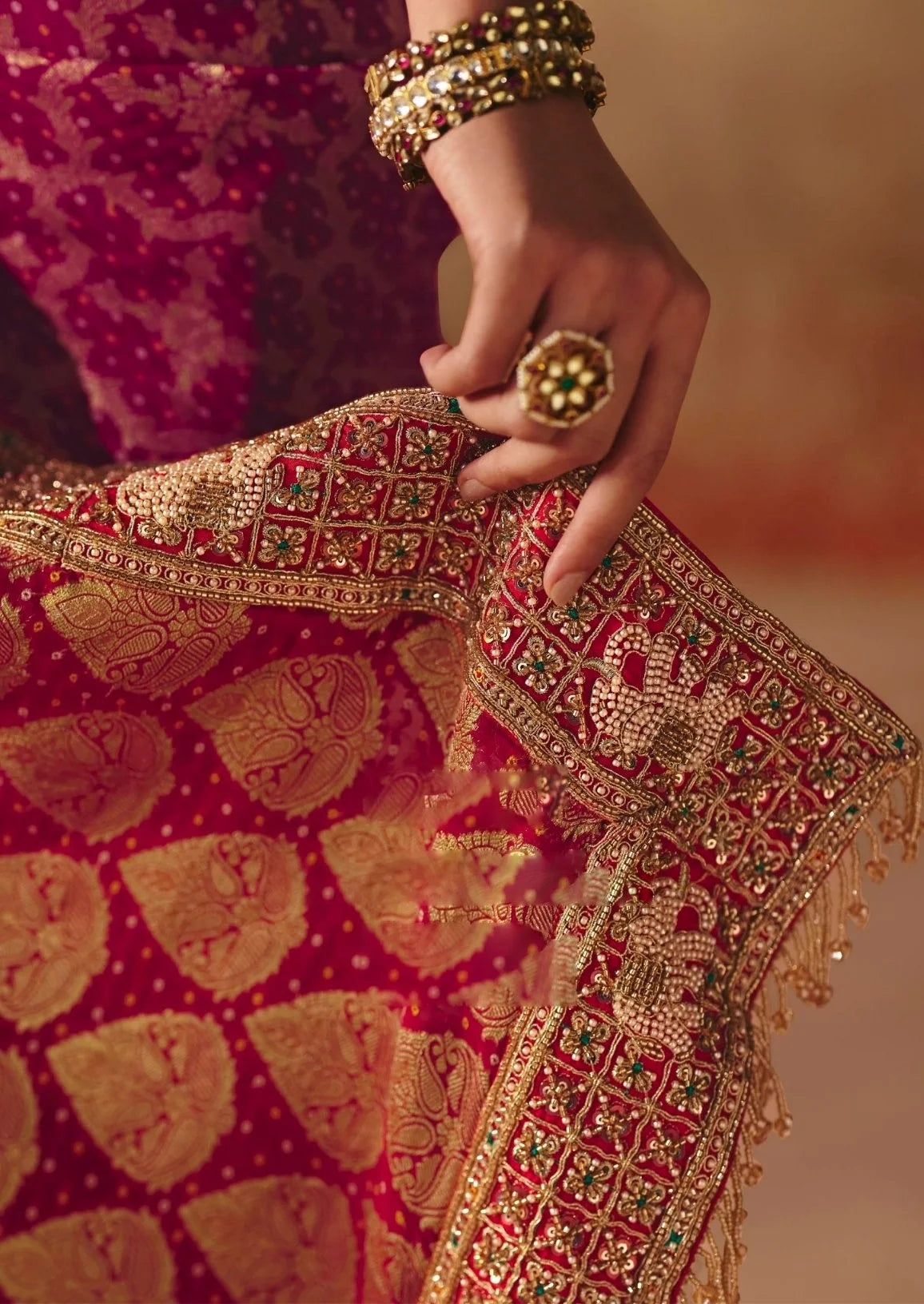Pure Khaddi Georgette Rani Pink Bandhej Weaving Work Sarees