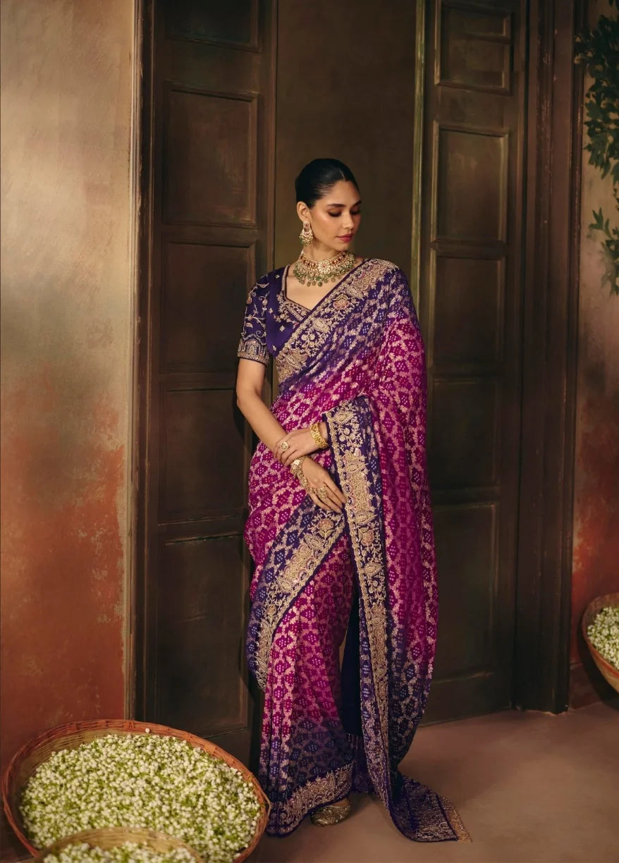 Pure Khaddi Georgette Purple Bandhej Weaving Work Sarees