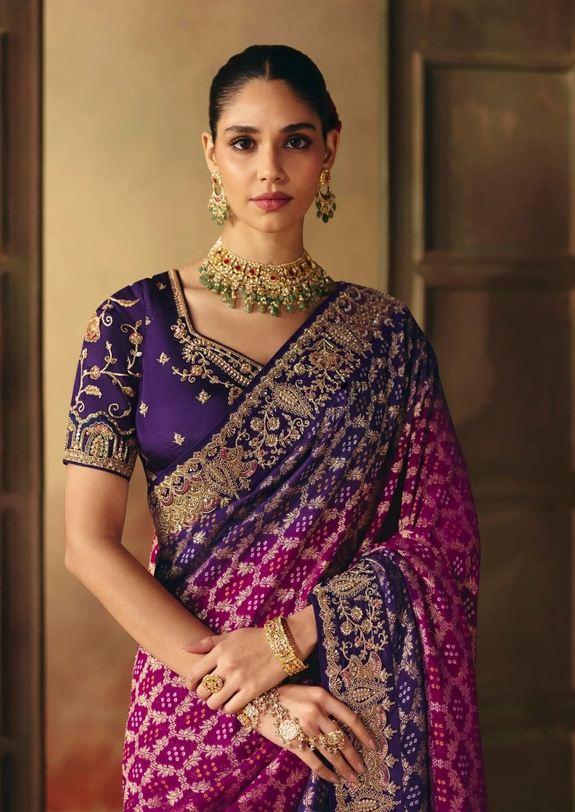 Pure Khaddi Georgette Purple Bandhej Weaving Work Sarees