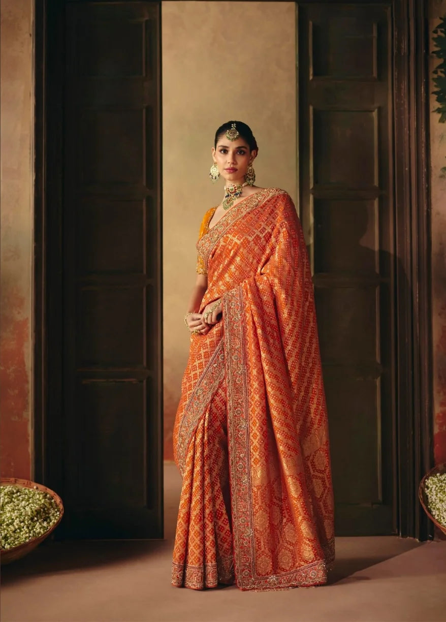 Pure Khaddi Georgette Orange Bandhej Weaving Work Sarees
