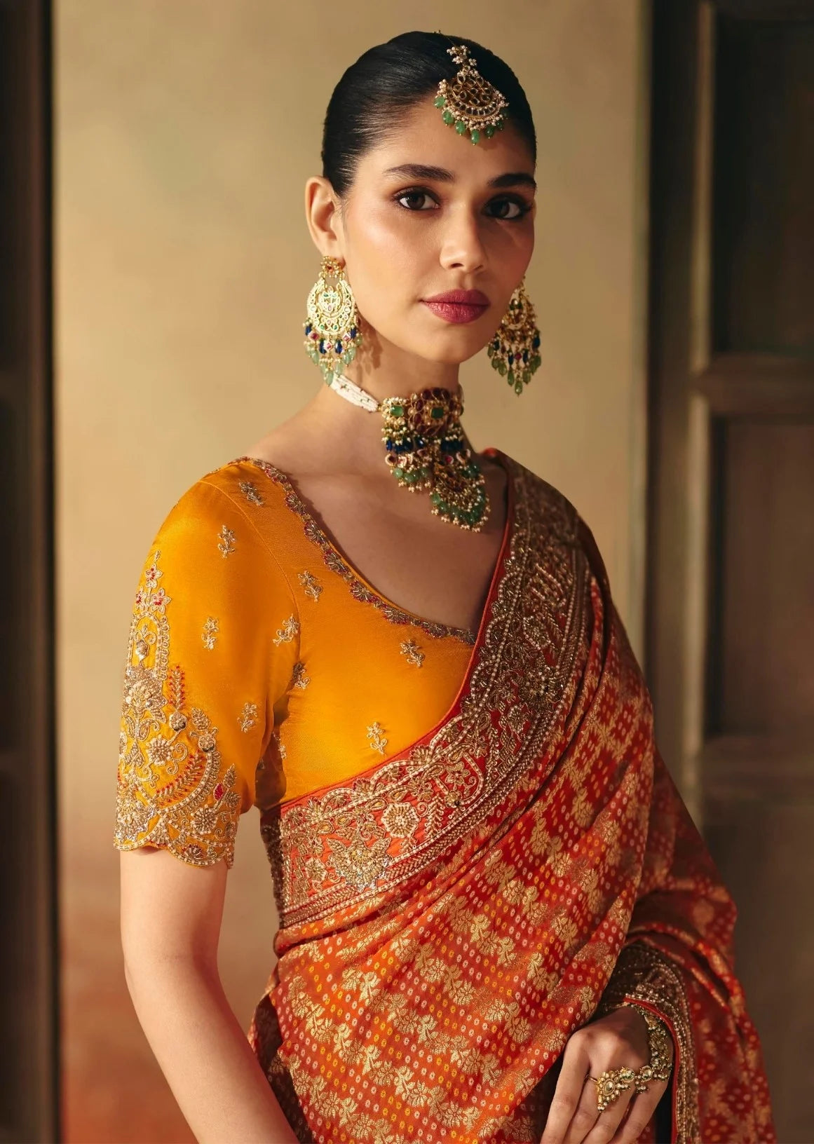 Pure Khaddi Georgette Orange Bandhej Weaving Work Sarees