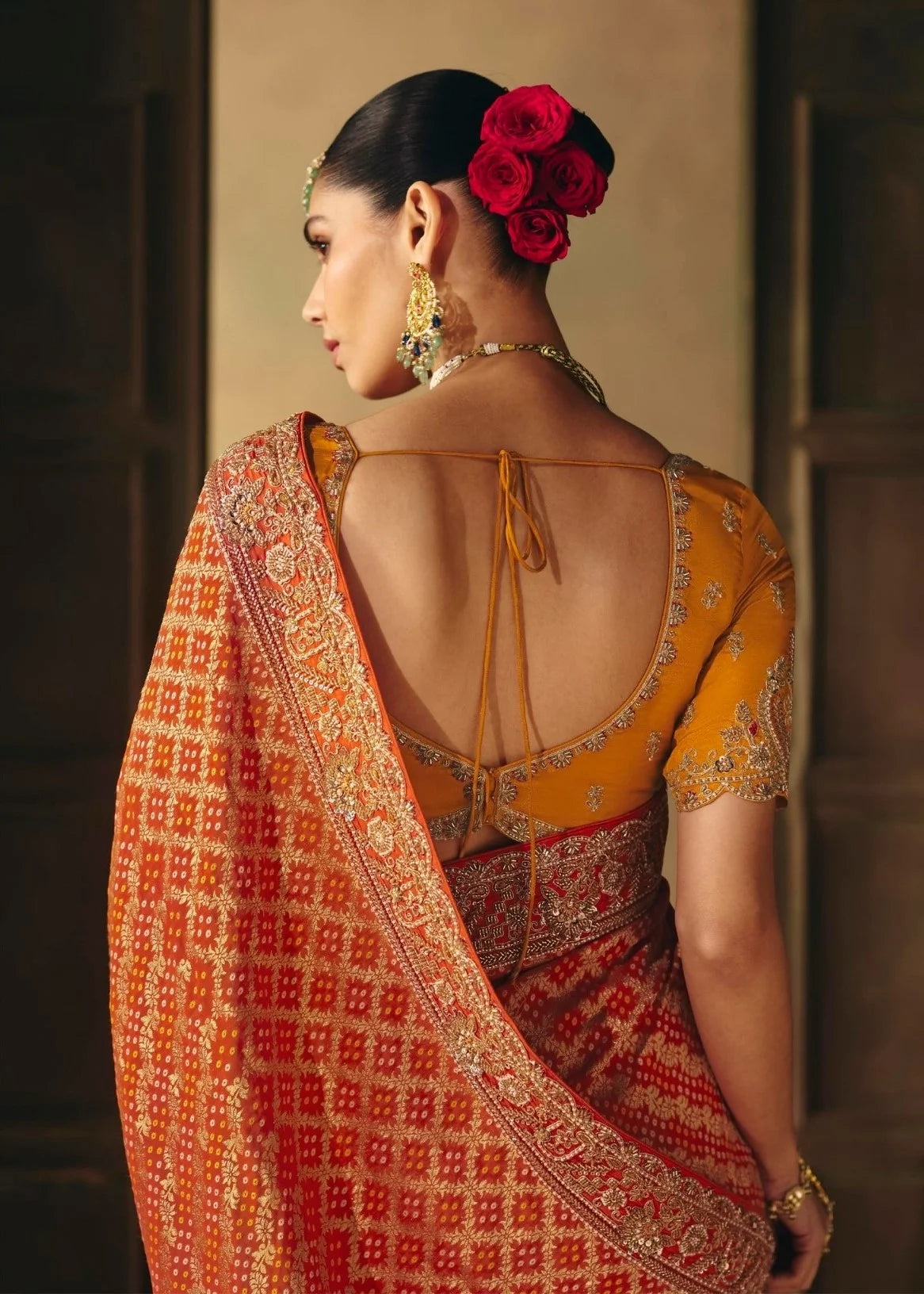 Pure Khaddi Georgette Orange Bandhej Weaving Work Sarees
