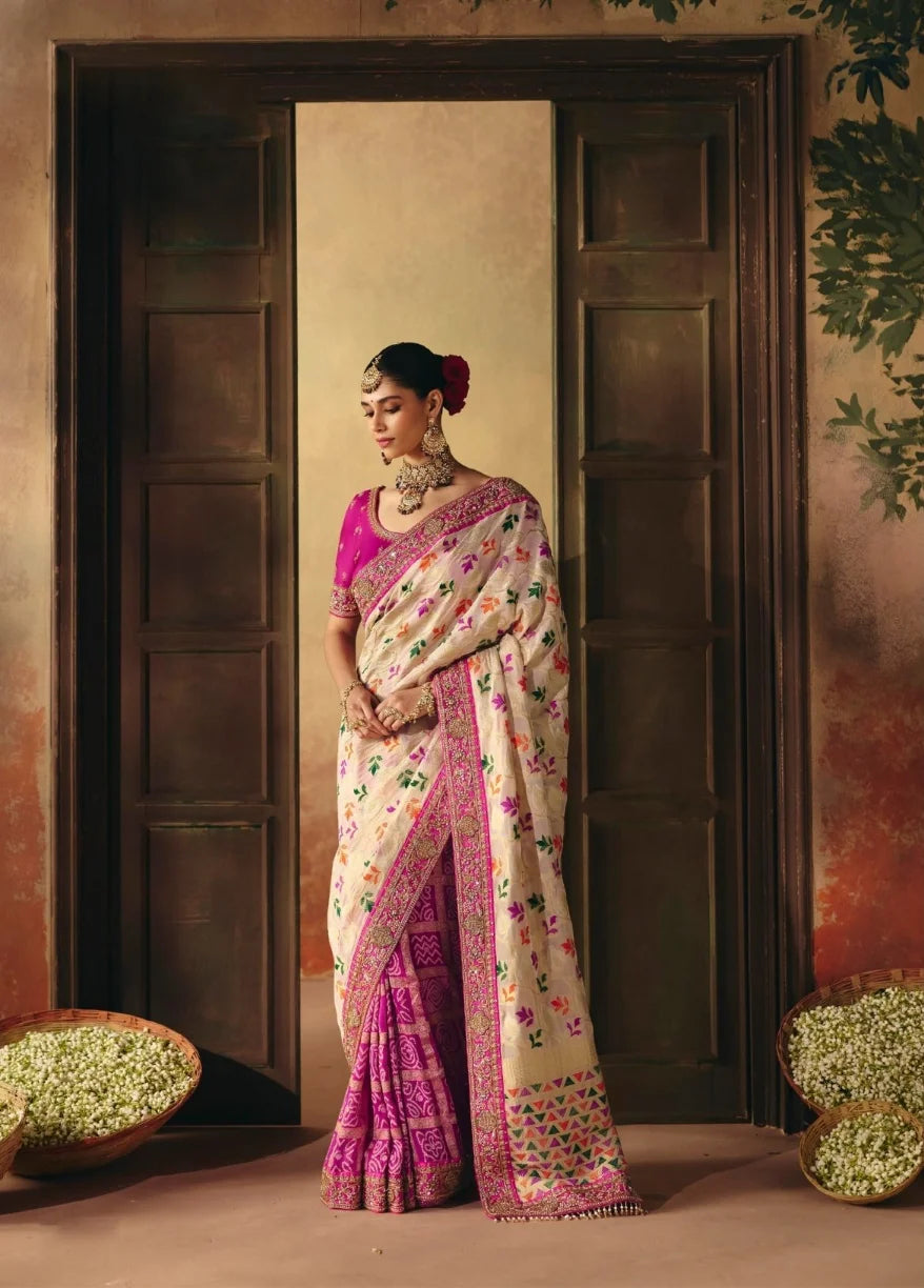 Pure Khaddi Georgette Off White Bandhej Weaving Work Sarees
