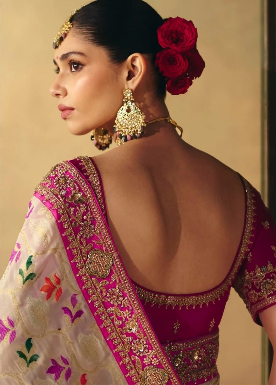 Pure Khaddi Georgette Off White Bandhej Weaving Work Sarees