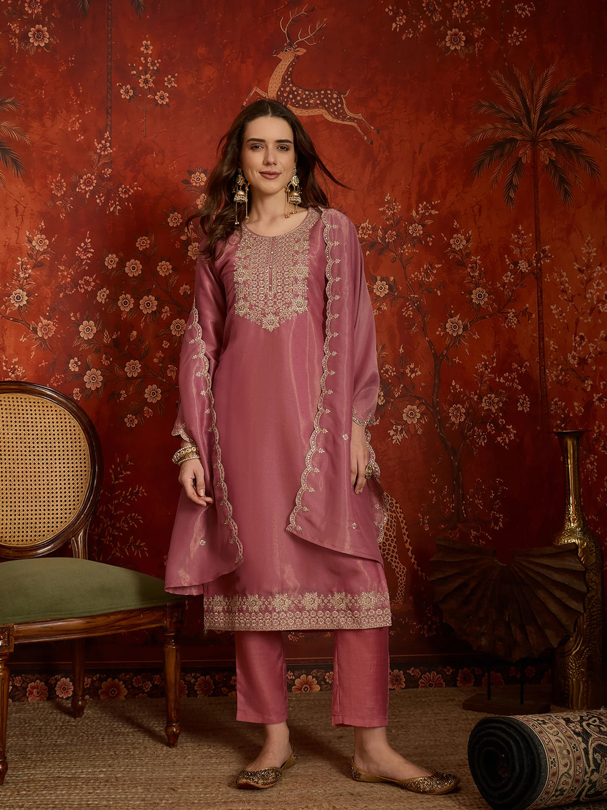 Pure Silk Pink Festive Wear Embroidery Work Kurti Set