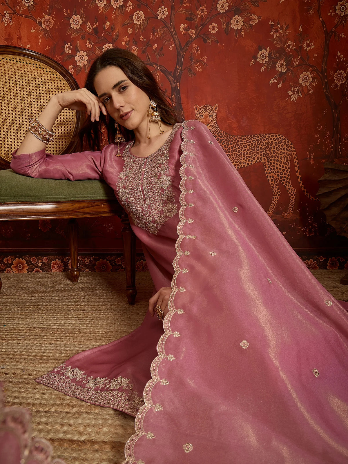 Pure Silk Pink Festive Wear Embroidery Work Kurti Set