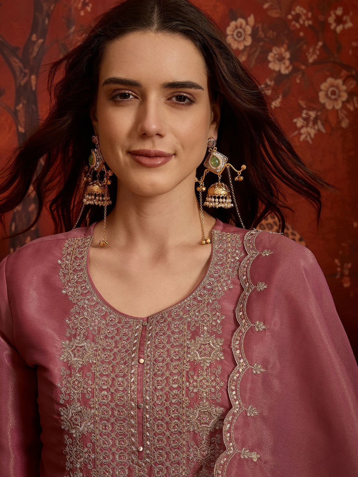 Pure Silk Pink Festive Wear Embroidery Work Kurti Set