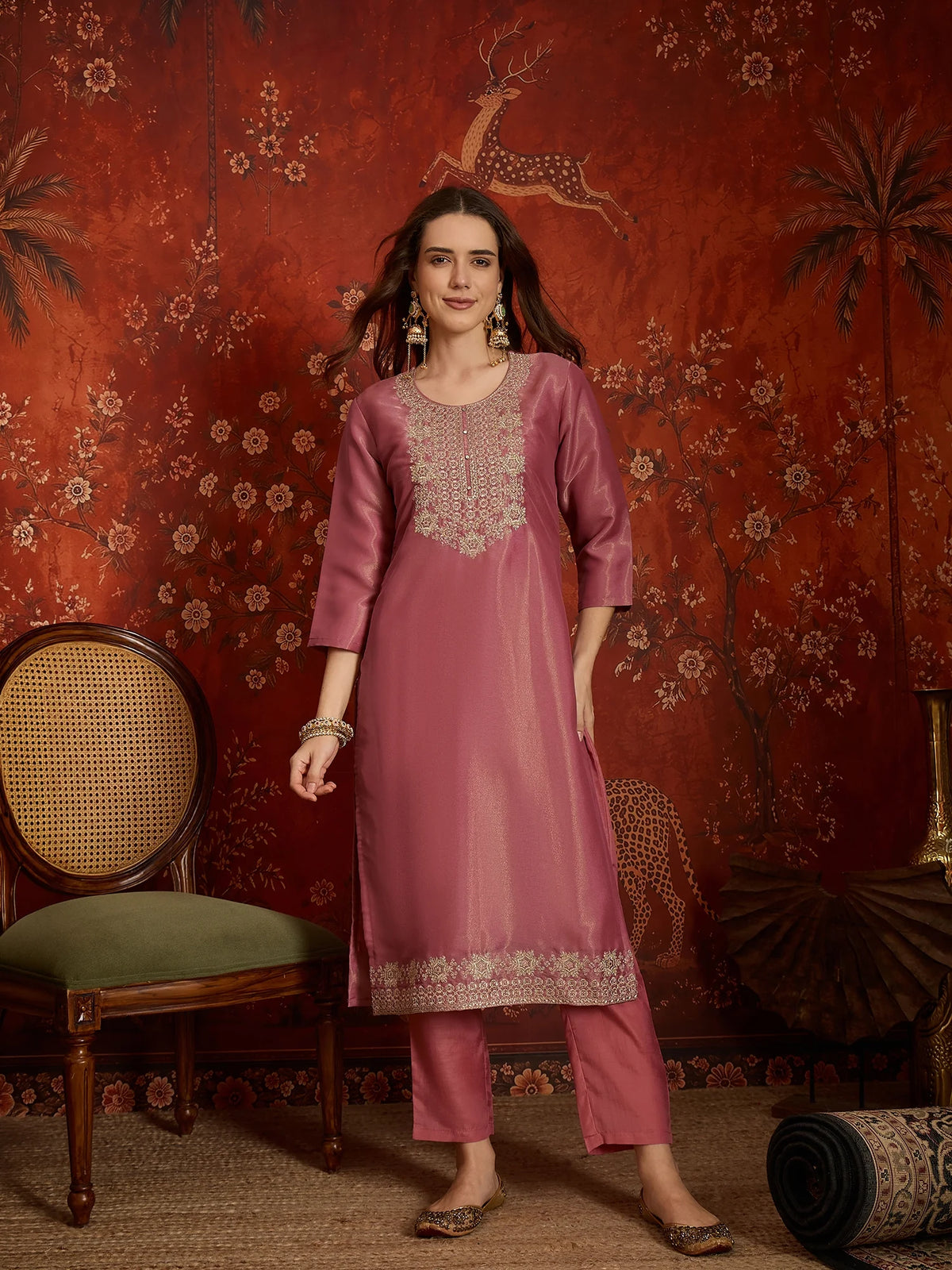 Pure Silk Pink Festive Wear Embroidery Work Kurti Set