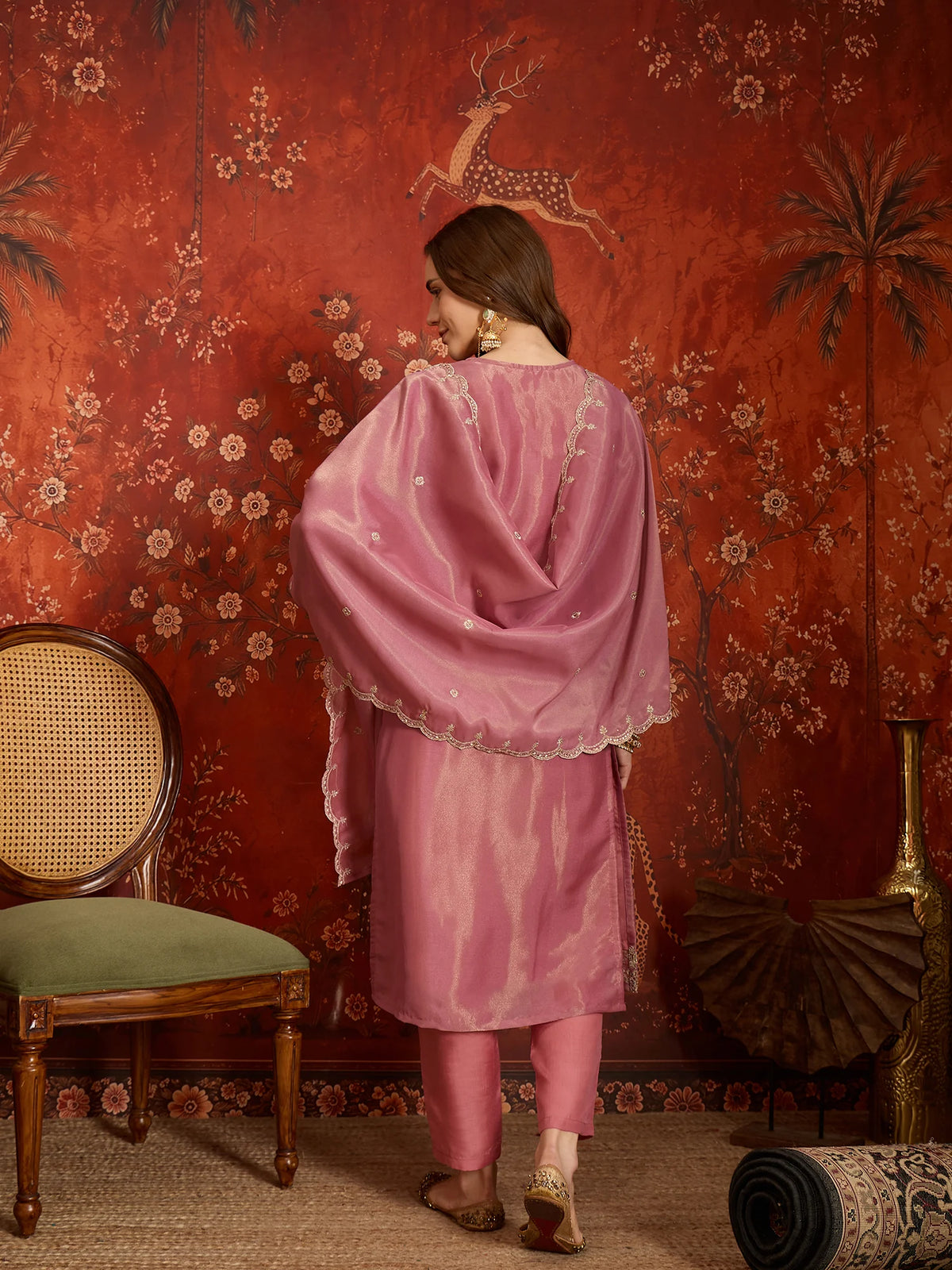 Pure Silk Pink Festive Wear Embroidery Work Kurti Set
