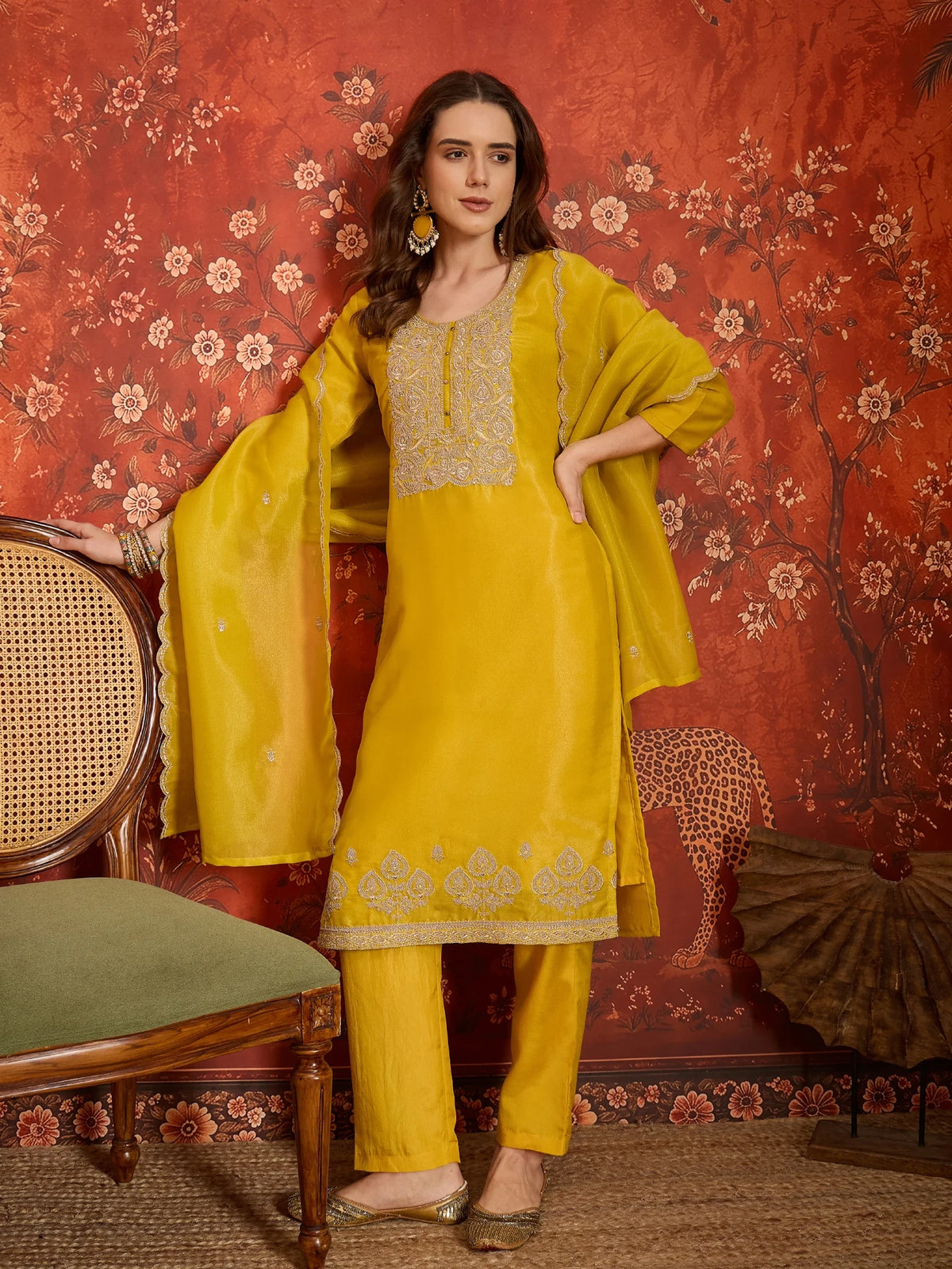 Pure Silk Yellow Festive Wear Embroidery Work Kurti Set