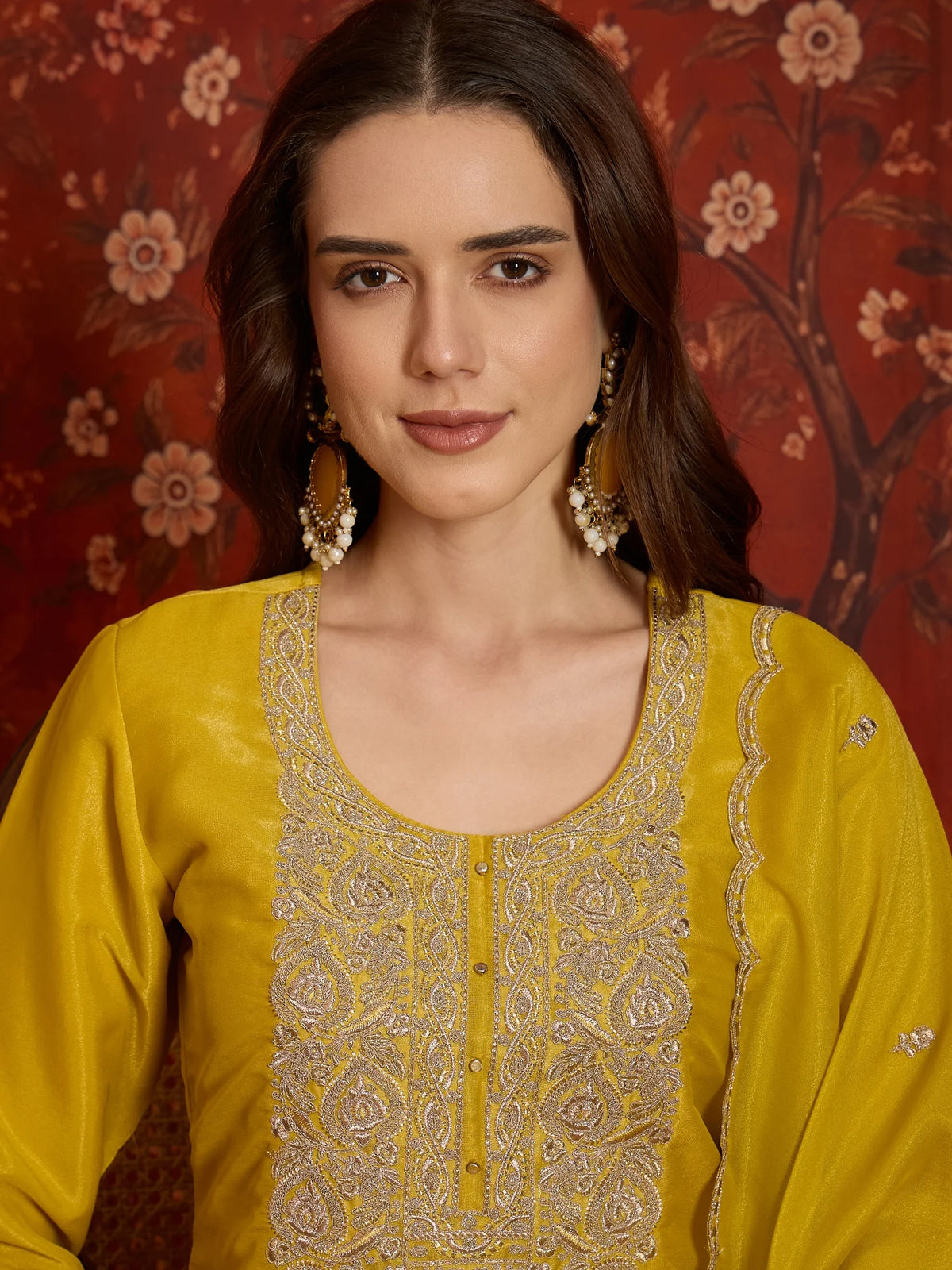 Pure Silk Yellow Festive Wear Embroidery Work Kurti Set