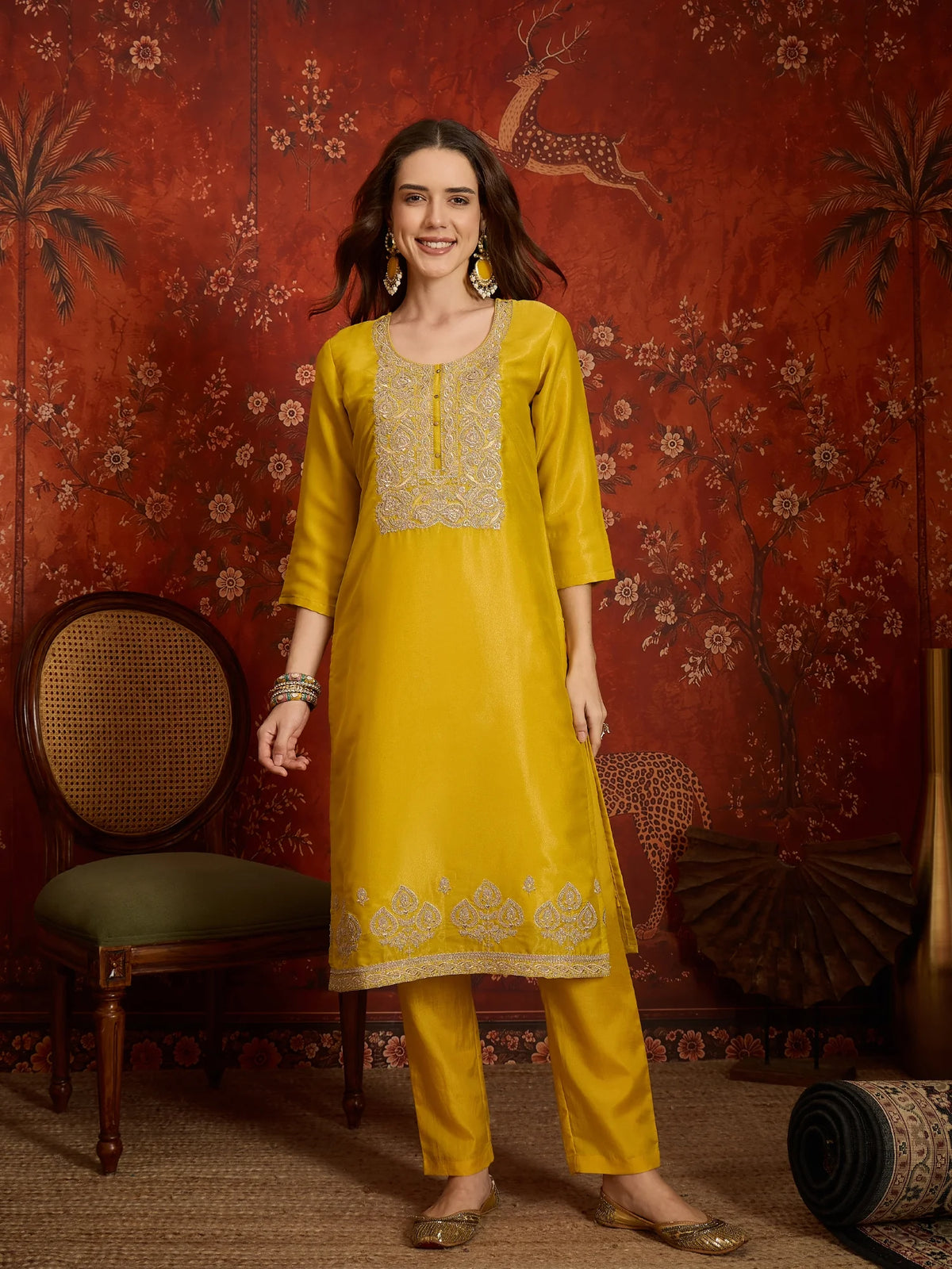 Pure Silk Yellow Festive Wear Embroidery Work Kurti Set