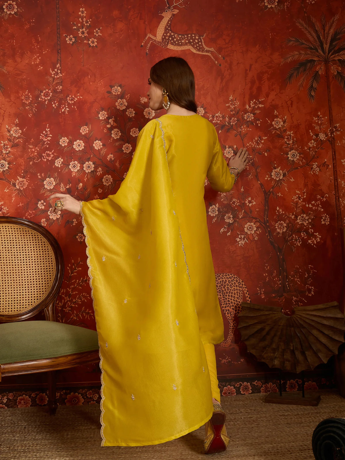 Pure Silk Yellow Festive Wear Embroidery Work Kurti Set