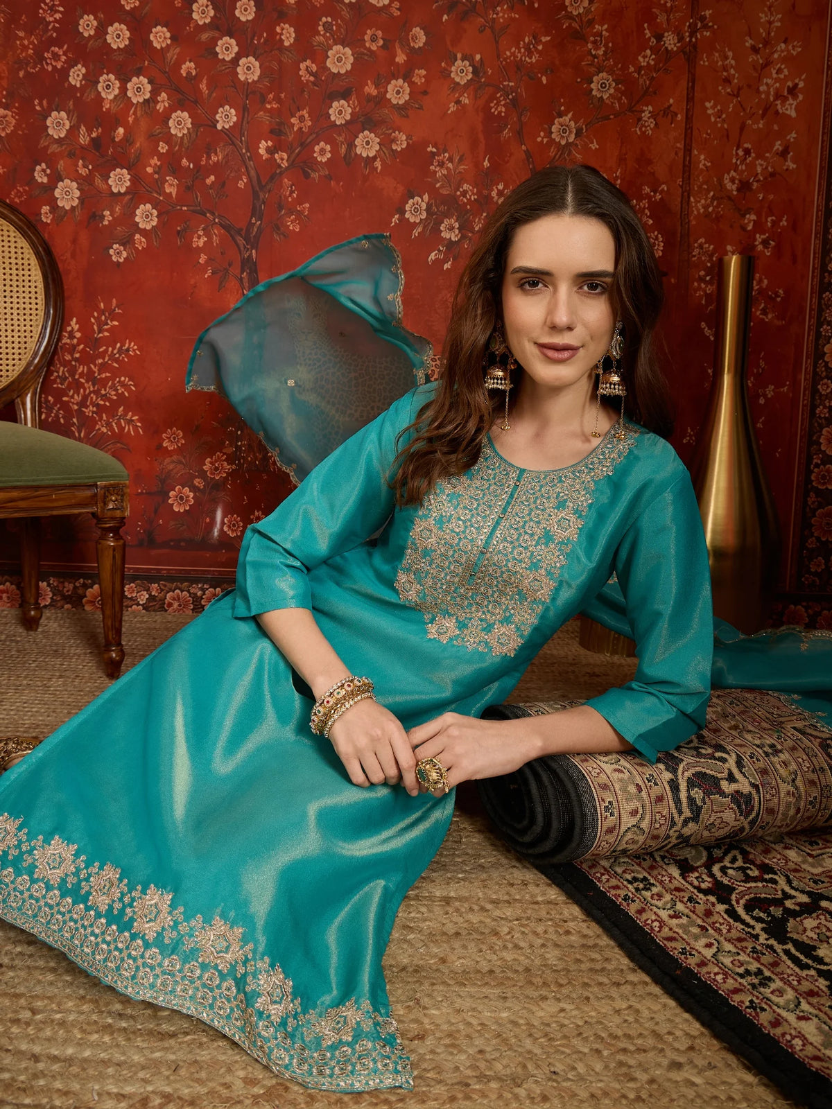 Pure Silk Blue Festive Wear Embroidery Work Kurti Set