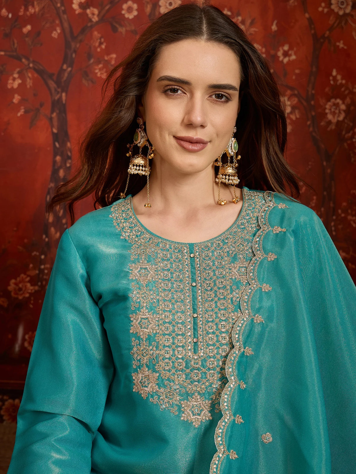 Pure Silk Blue Festive Wear Embroidery Work Kurti Set