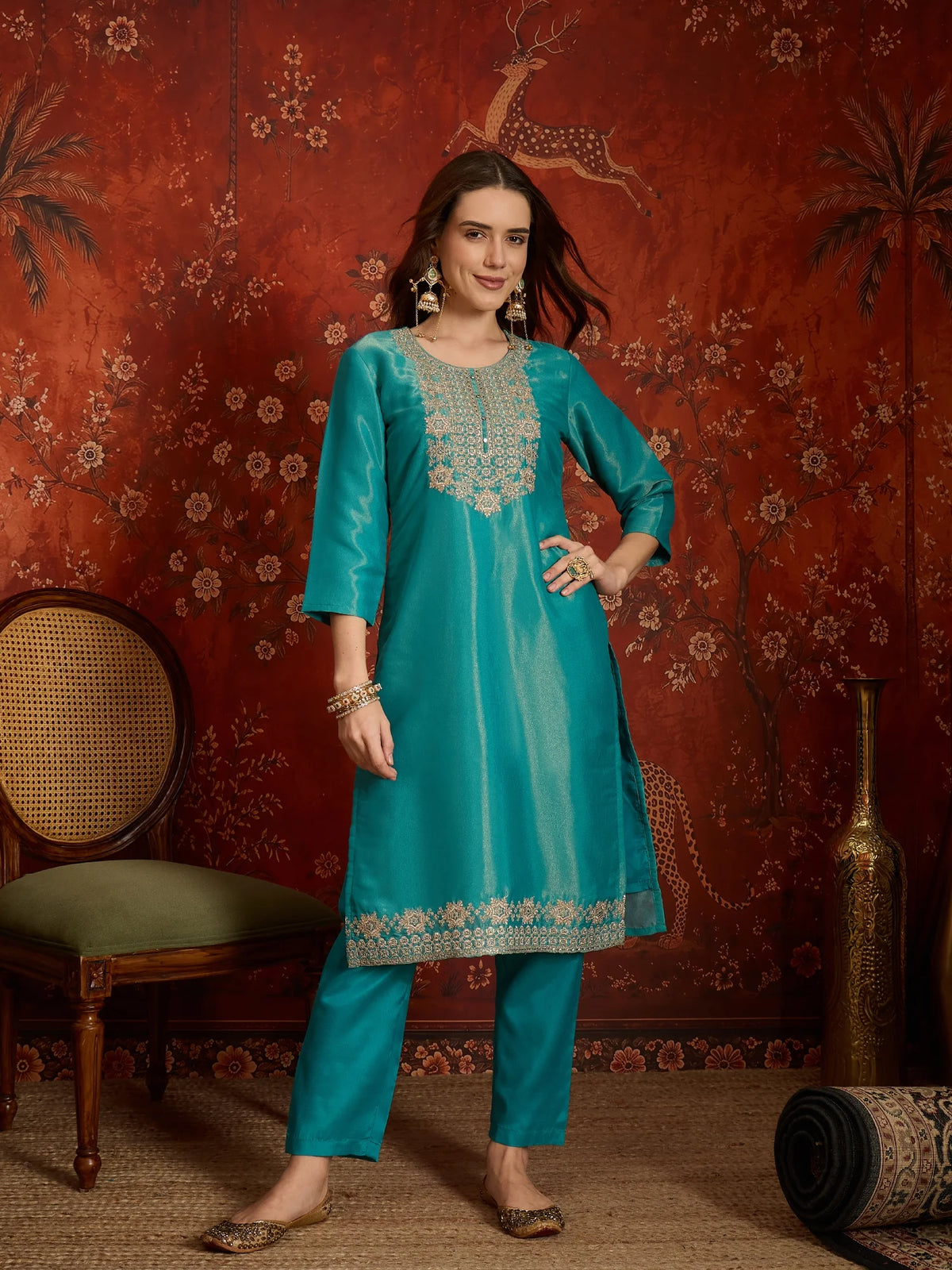 Pure Silk Blue Festive Wear Embroidery Work Kurti Set