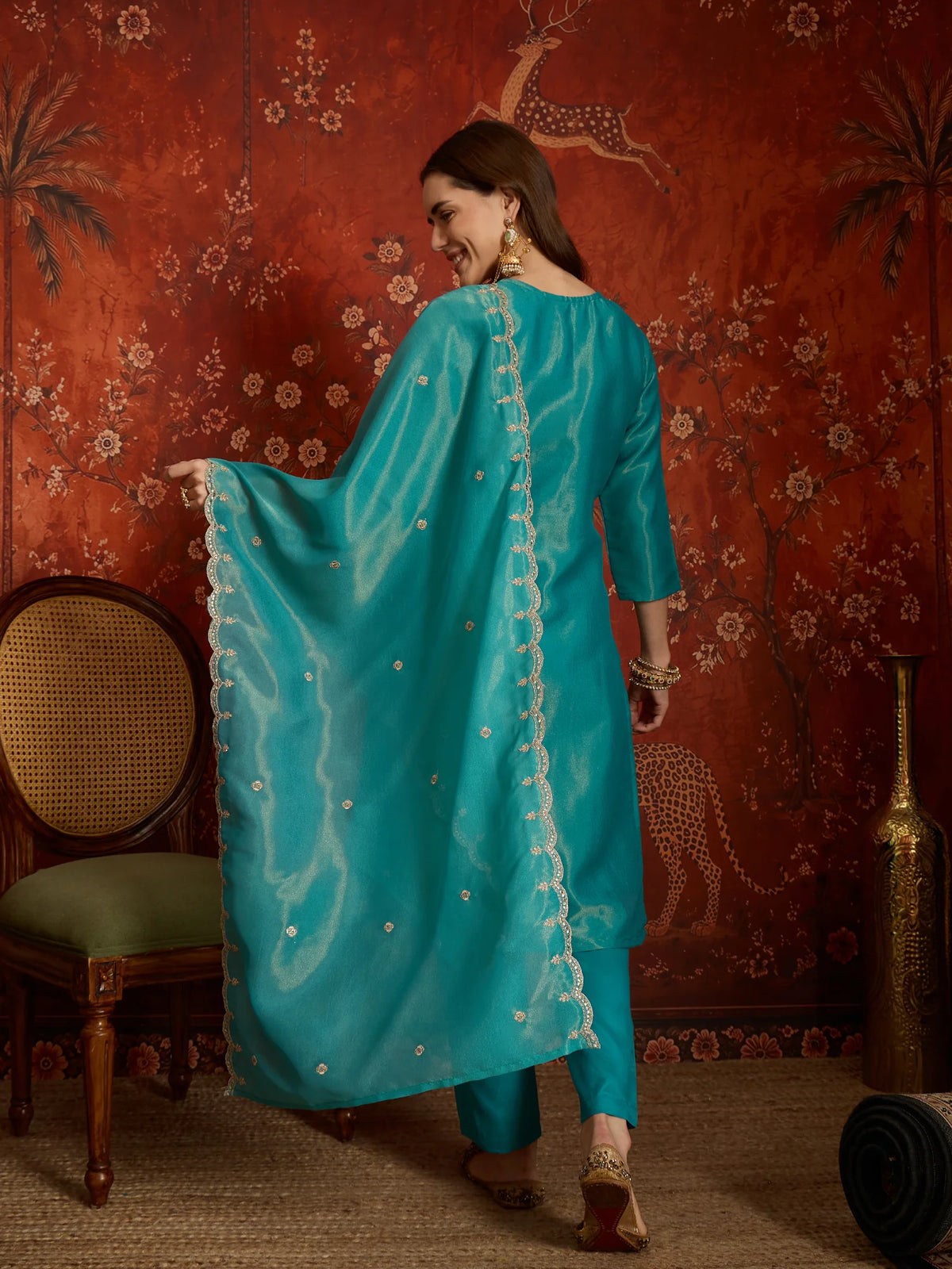 Pure Silk Blue Festive Wear Embroidery Work Kurti Set