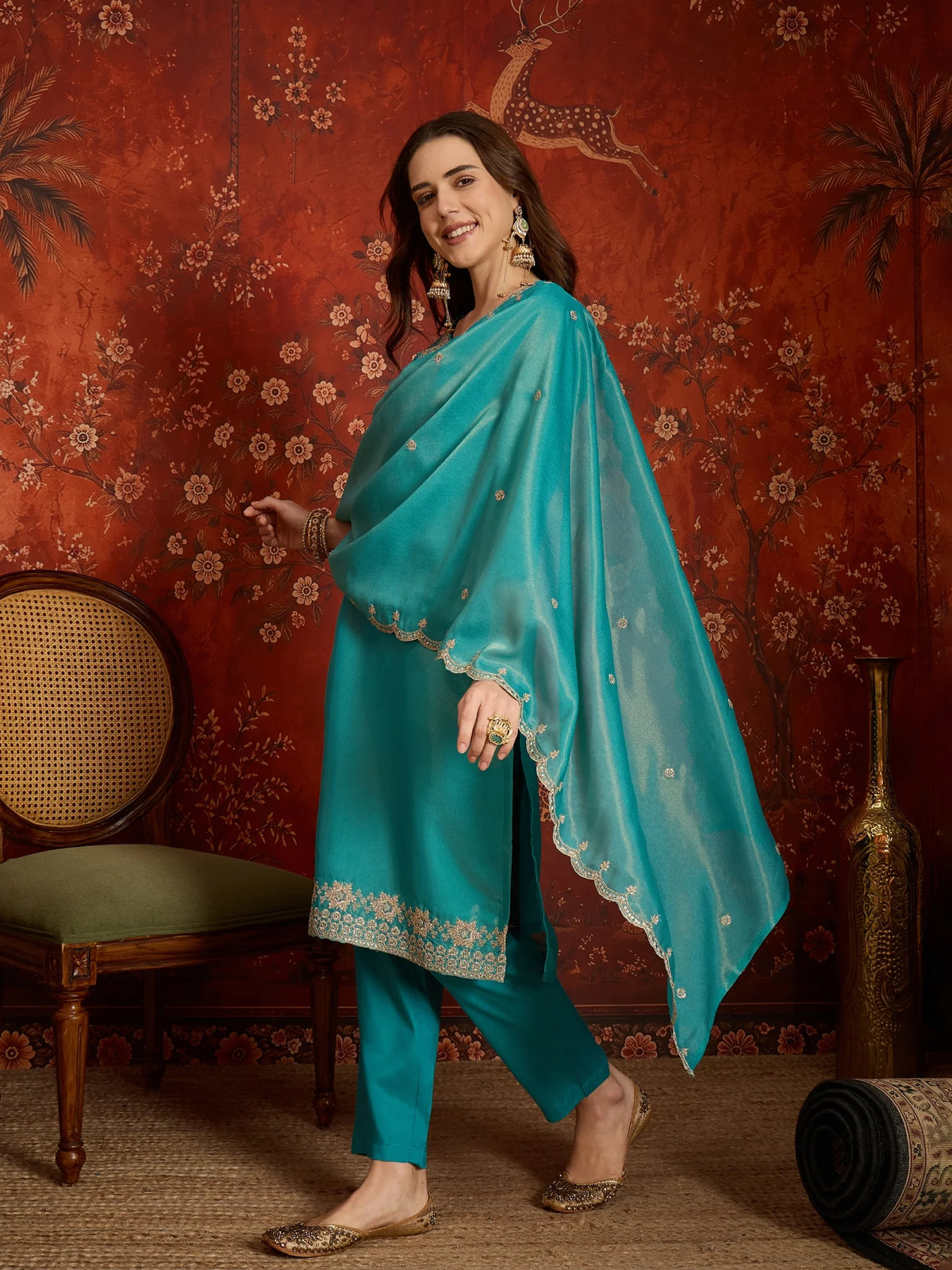 Pure Silk Blue Festive Wear Embroidery Work Kurti Set