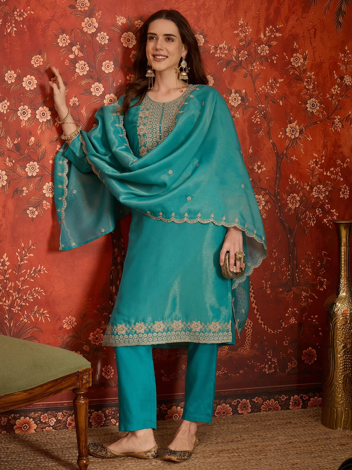Pure Silk Blue Festive Wear Embroidery Work Kurti Set