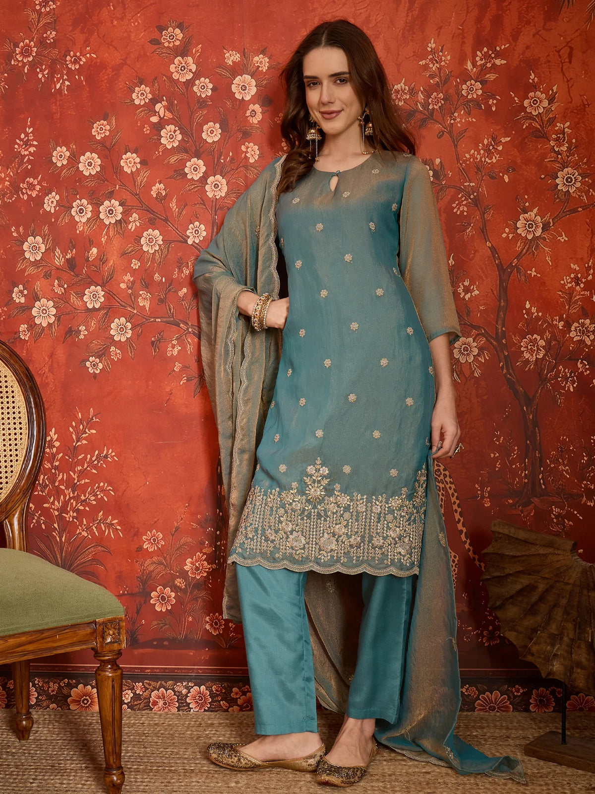Pure Silk Blue Party Wear Embroidery Work Kurti Set