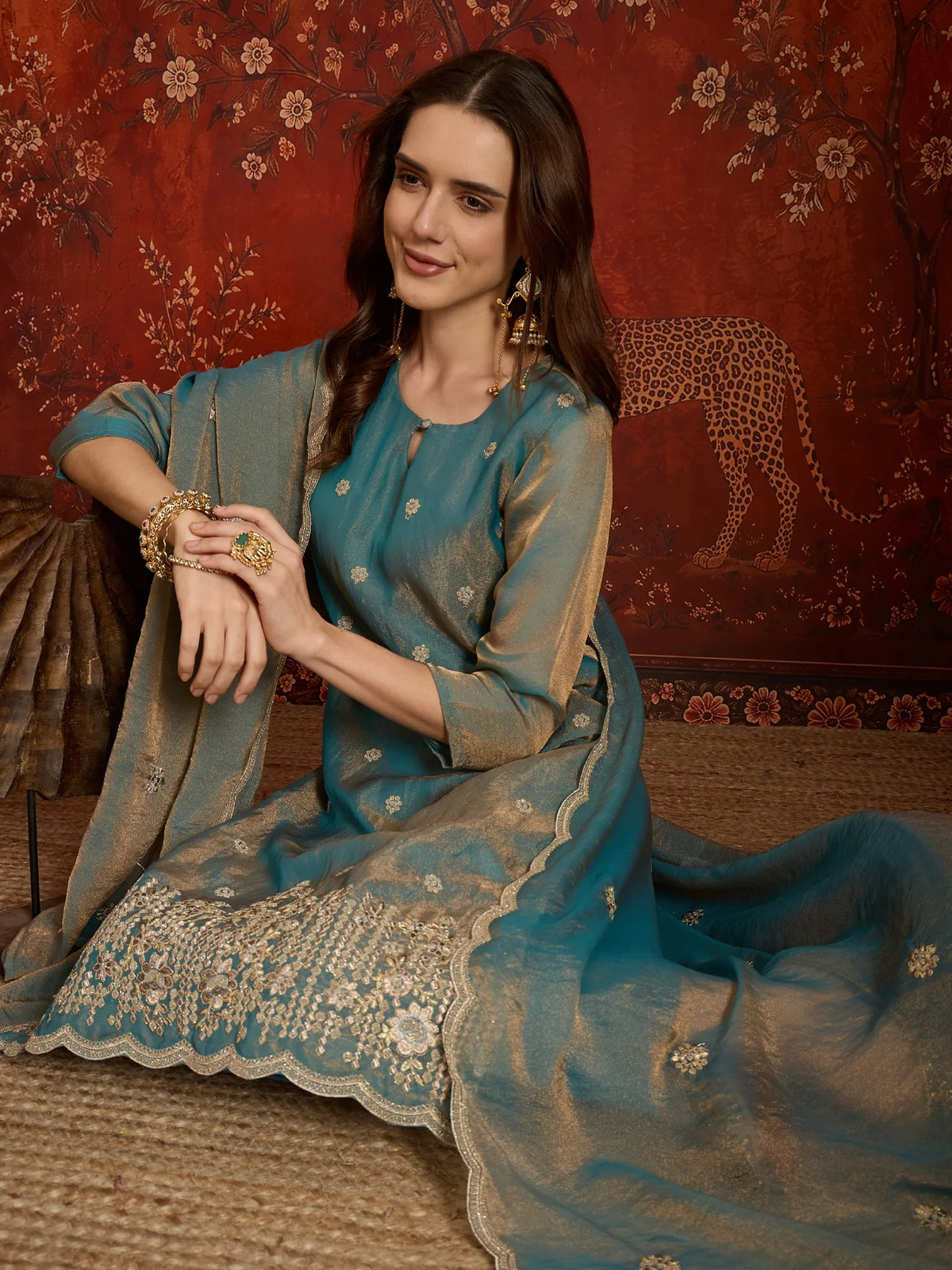 Pure Silk Blue Party Wear Embroidery Work Kurti Set