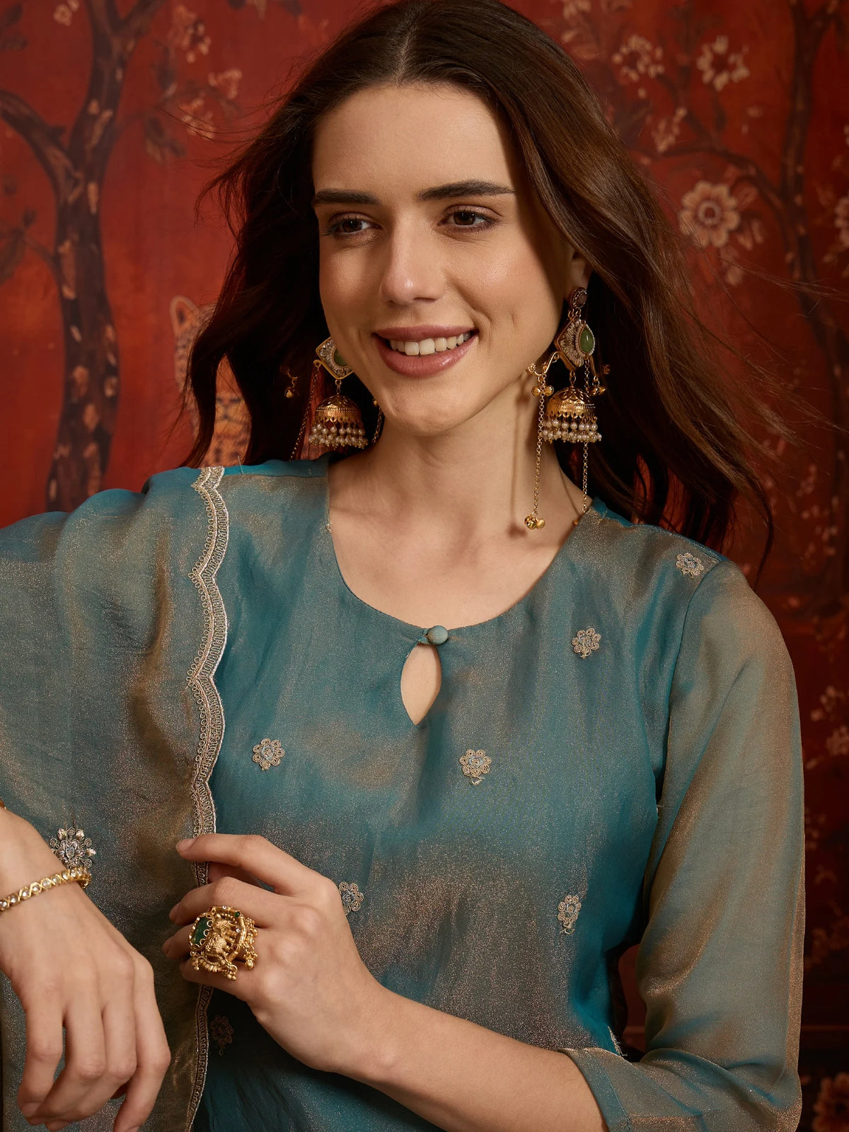 Pure Silk Blue Party Wear Embroidery Work Kurti Set