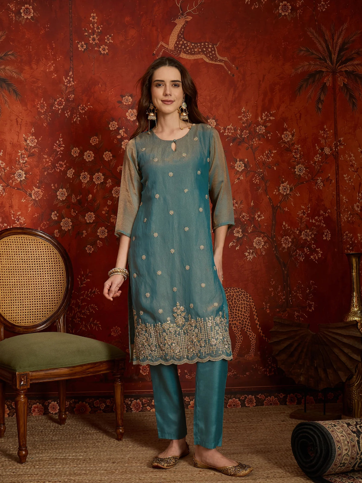 Pure Silk Blue Party Wear Embroidery Work Kurti Set