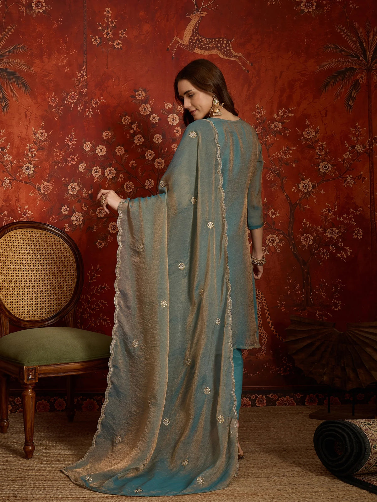 Pure Silk Blue Party Wear Embroidery Work Kurti Set