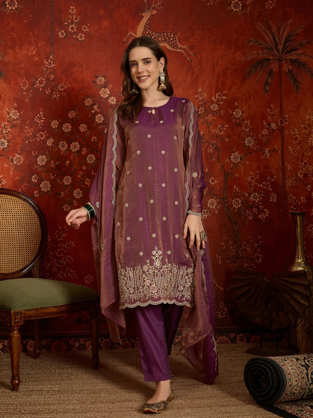 Pure Silk Purple Party Wear Embroidery Work Kurti Set