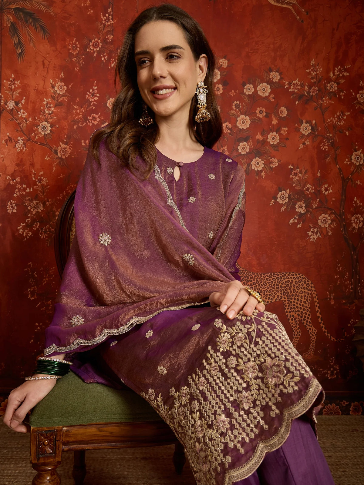 Pure Silk Purple Party Wear Embroidery Work Kurti Set